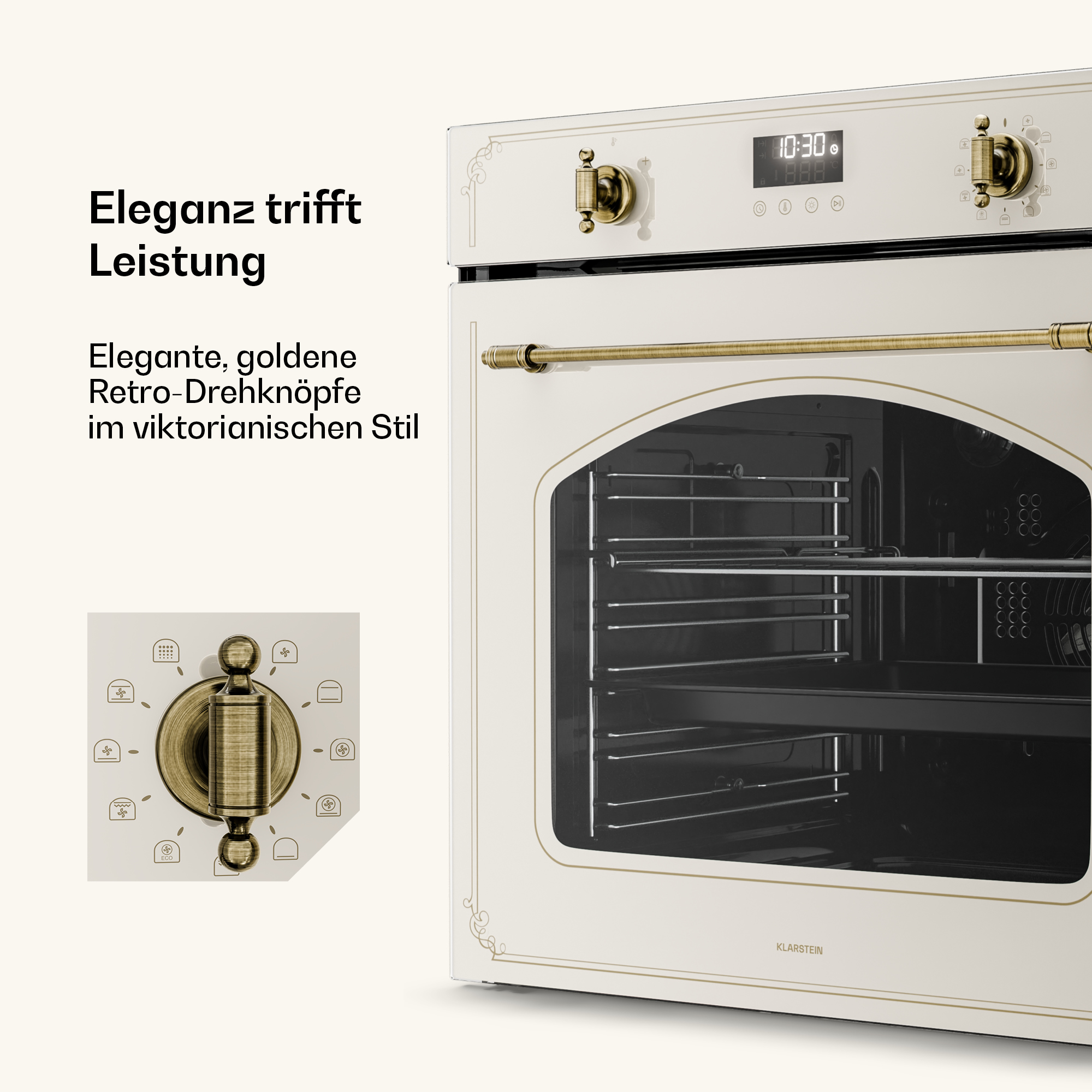 Beigefarbener Retro-Ofen mit goldenen Griffen und Drehknöpfen, digitaler Anzeige und deutschem Werbetext.