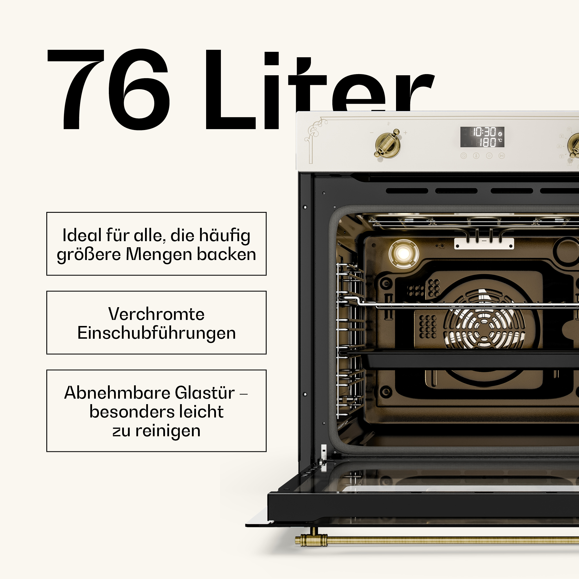 Ein moderner Backofen mit 76 Litern Fassungsvermögen und geöffneter Glastür.