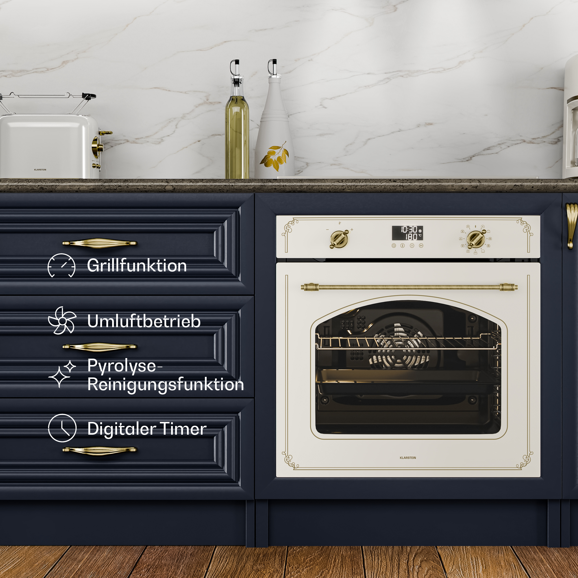 Weiße Retro-Einbauküche mit goldener Ofentür, digitalen Display, Töpfen und Küchengeräten.