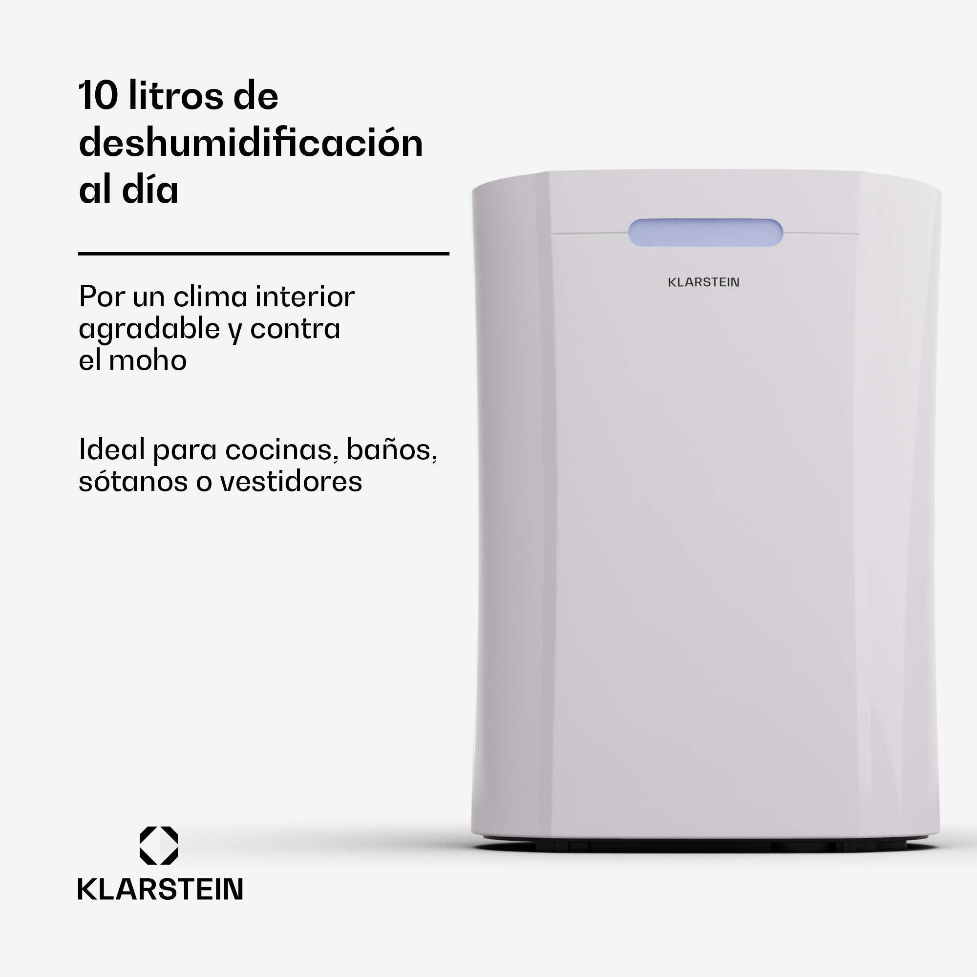 Weisser Klarstein Luftentfeuchter mit blauer Anzeige und Werbetext links.