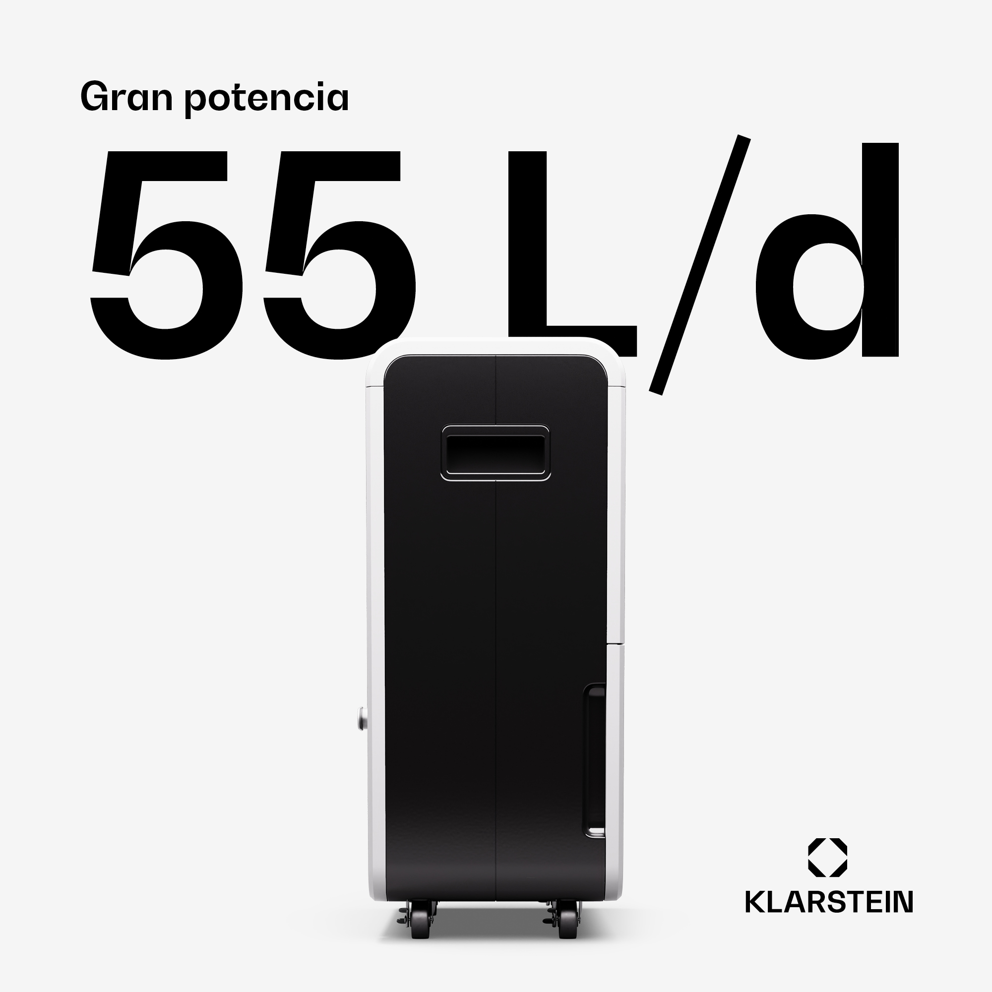 Dehumidifier with black front and white sides, text 55 L/d and Klarstein logo.