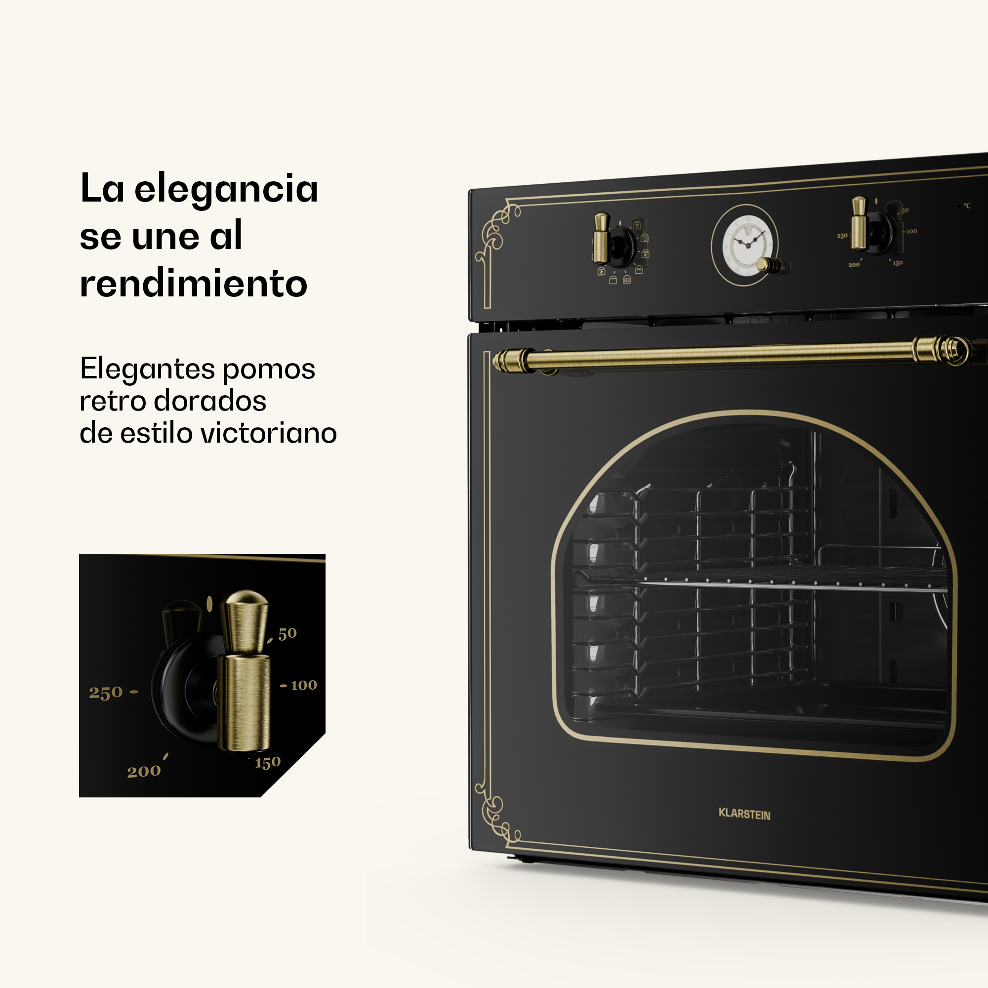 Elegante forno nero in stile vittoriano con manopole e finiture dorate, con un dettaglio ravvicinato.