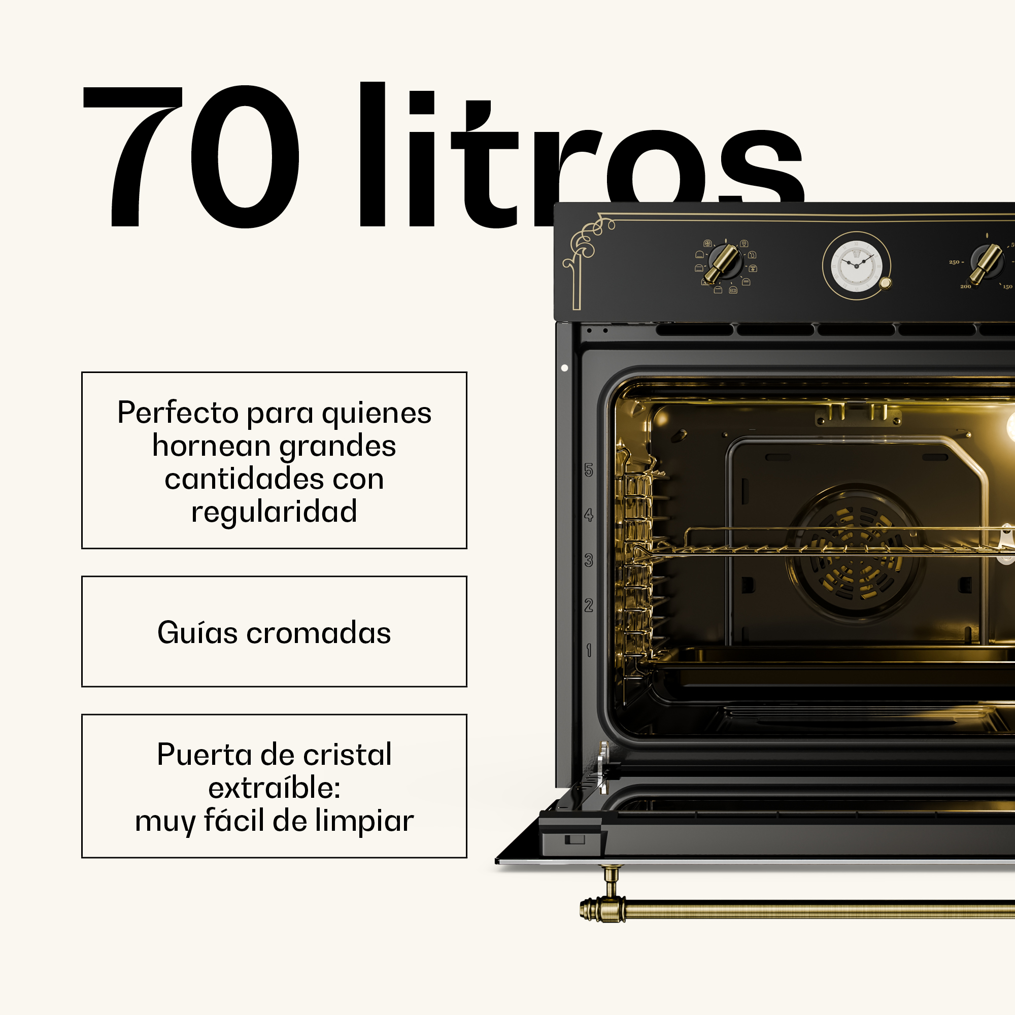 Forno nero da 70 litri con dettagli dorati, porta aperta e riquadri di testo con le caratteristiche.
