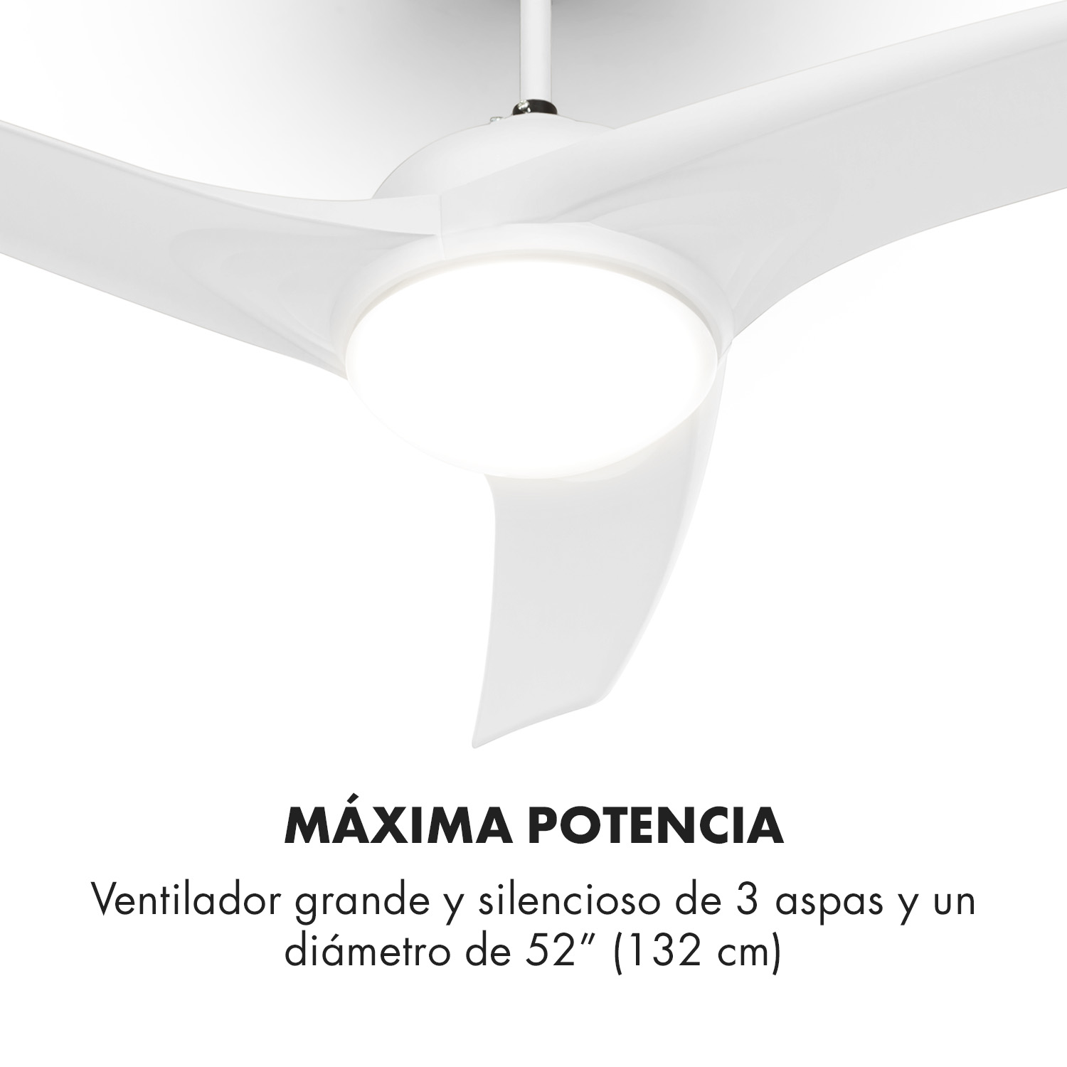 Ventilador de techo blanco de tres aspas con luz redonda y texto descriptivo en español.