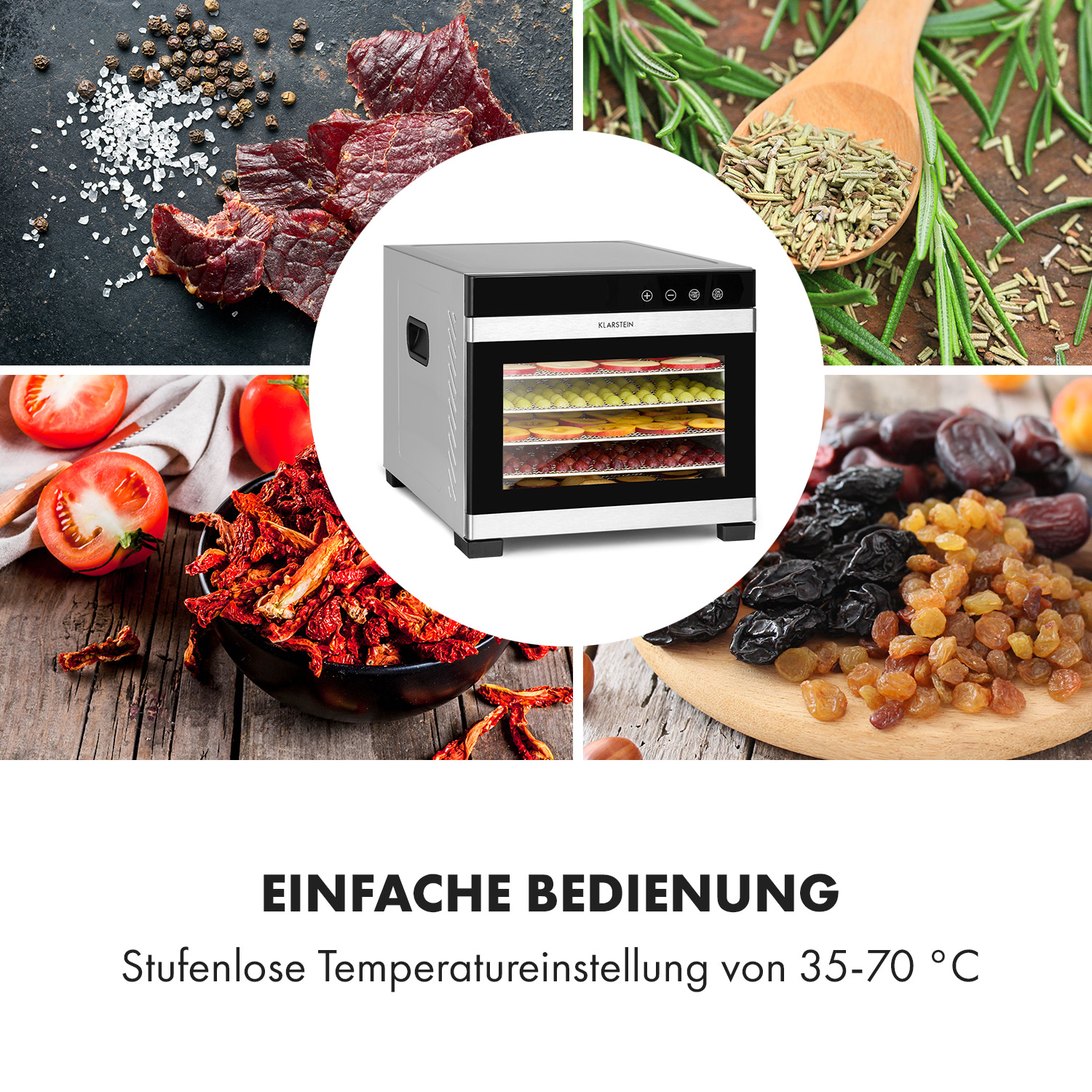 Ein silberner Dörrautomat mit Trockenobst, umgeben von Bildern mit Fleisch, Tomaten, Gewürzen und Früchten.