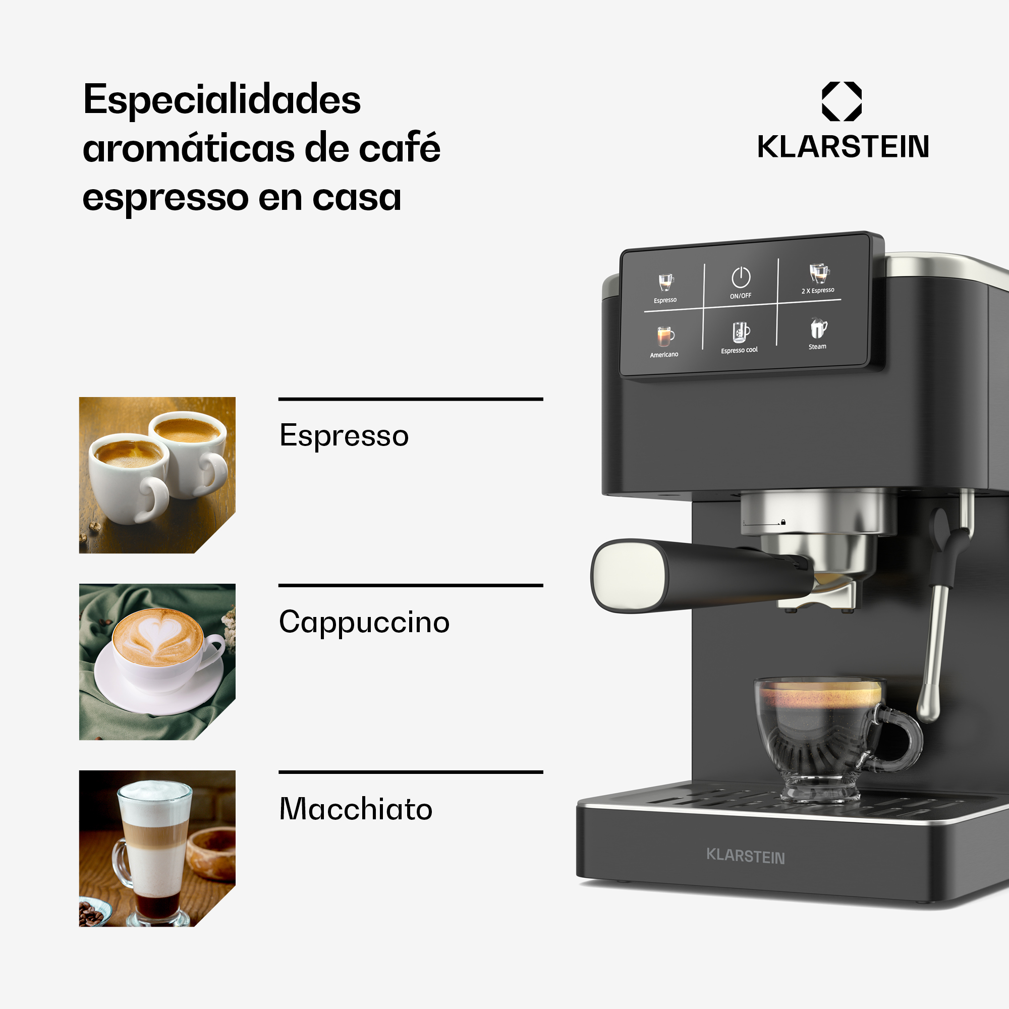 Klarstein Kaffeemaschine mit Touchscreen und drei Beispielen für Espresso, Cappuccino und Macchiato.