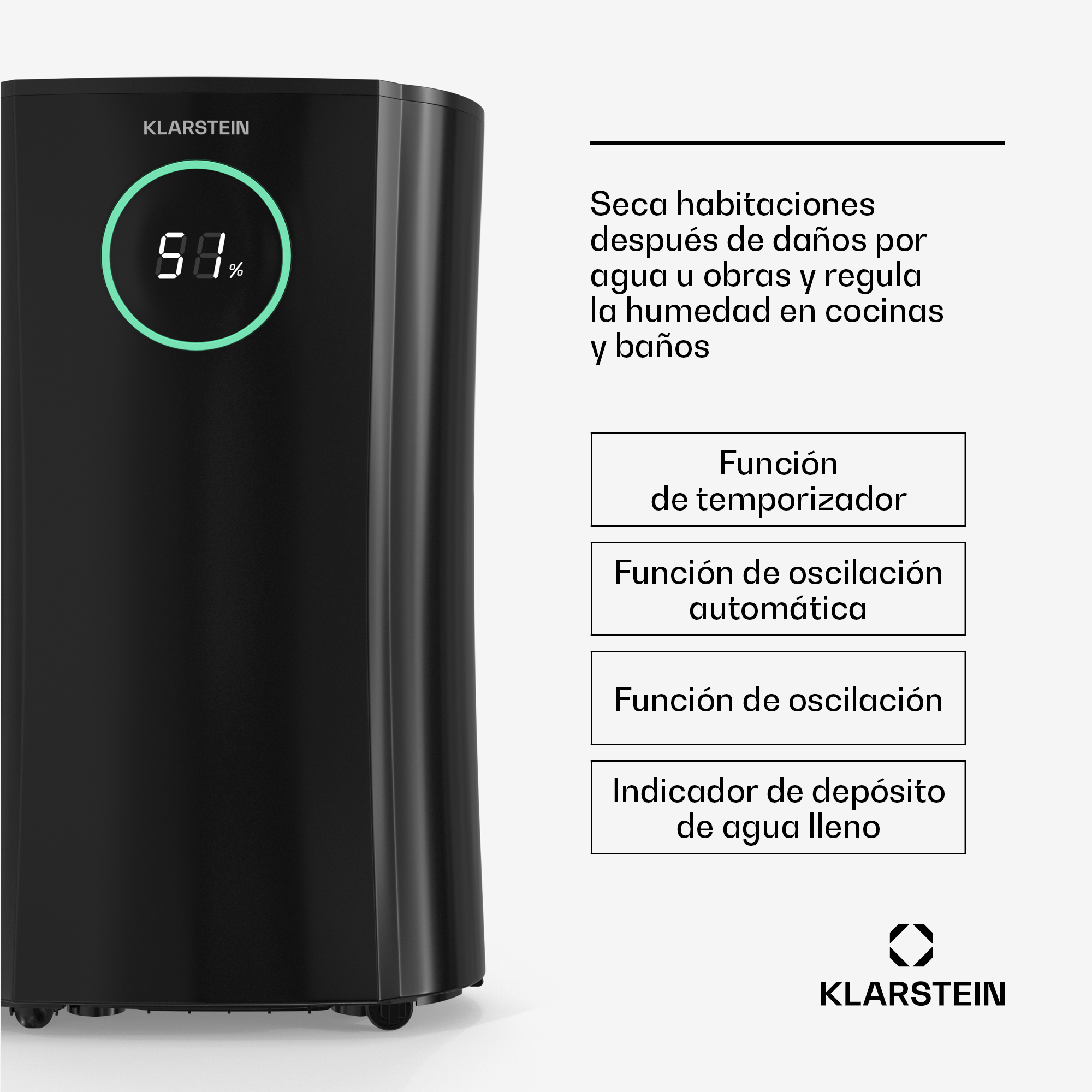 Schwarzer Klarstein Entfeuchter mit digitaler Anzeige und Funktionen wie Timer und automatischer Oszillation.