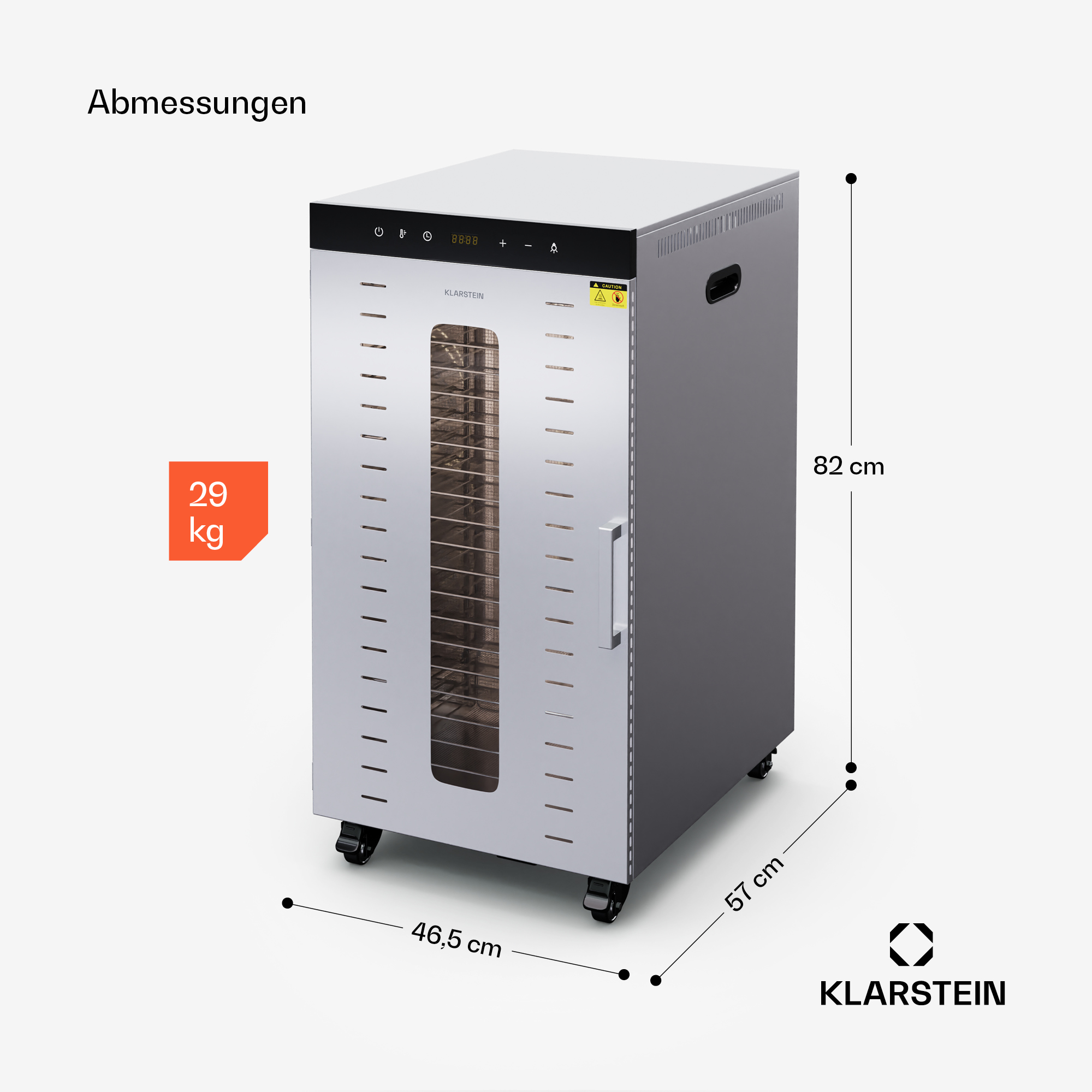 Edelstahl-Gartengerät mit digitalem Display und Maßangaben.