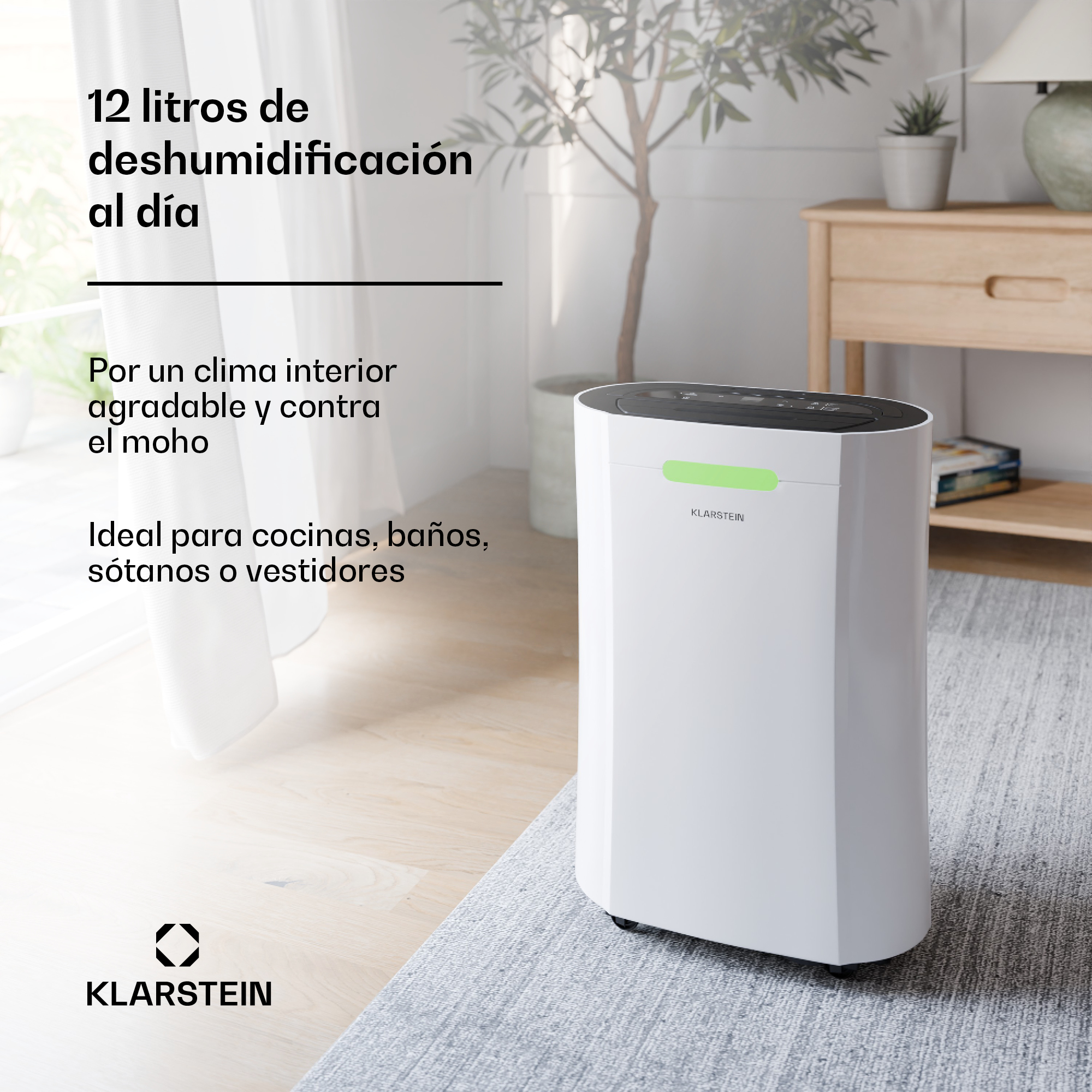 Un deshumidificador blanco Klarstein sobre una alfombra gris en una habitación luminosa con texto promocional.