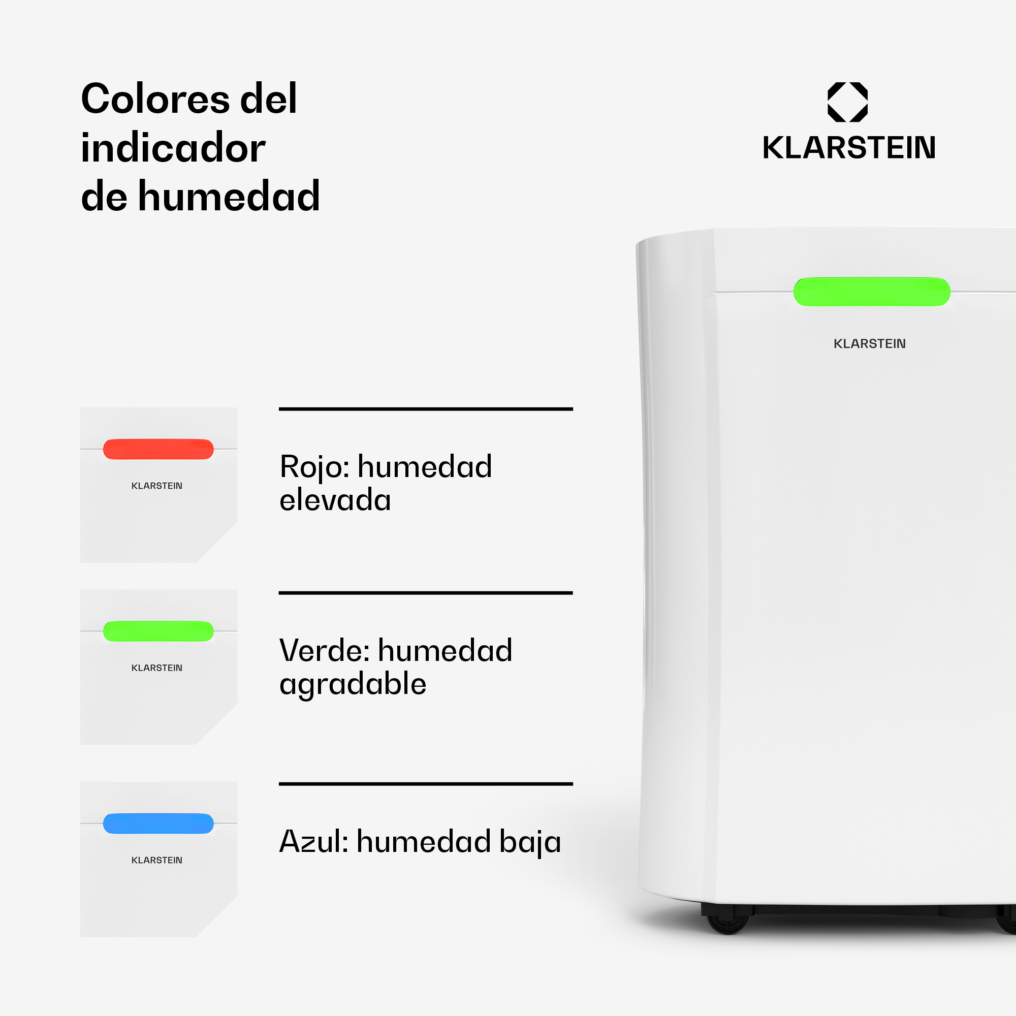 Deshumidificador Klarstein muestra colores LED para humedad: rojo, verde, azul.