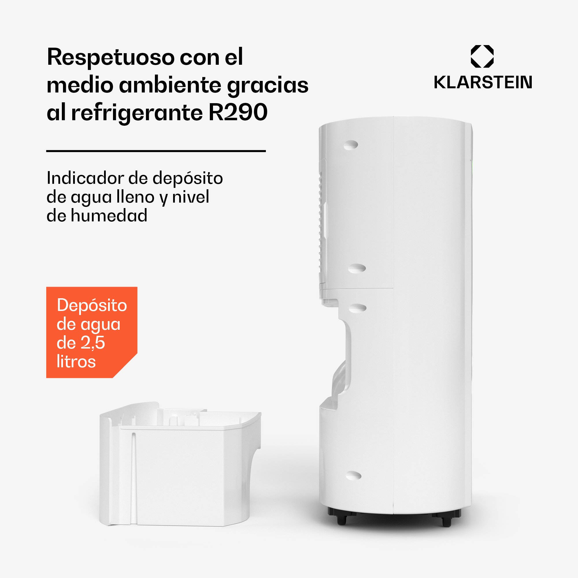 Deshumidificador blanco Klarstein con depósito de agua extraíble sobre fondo blanco.