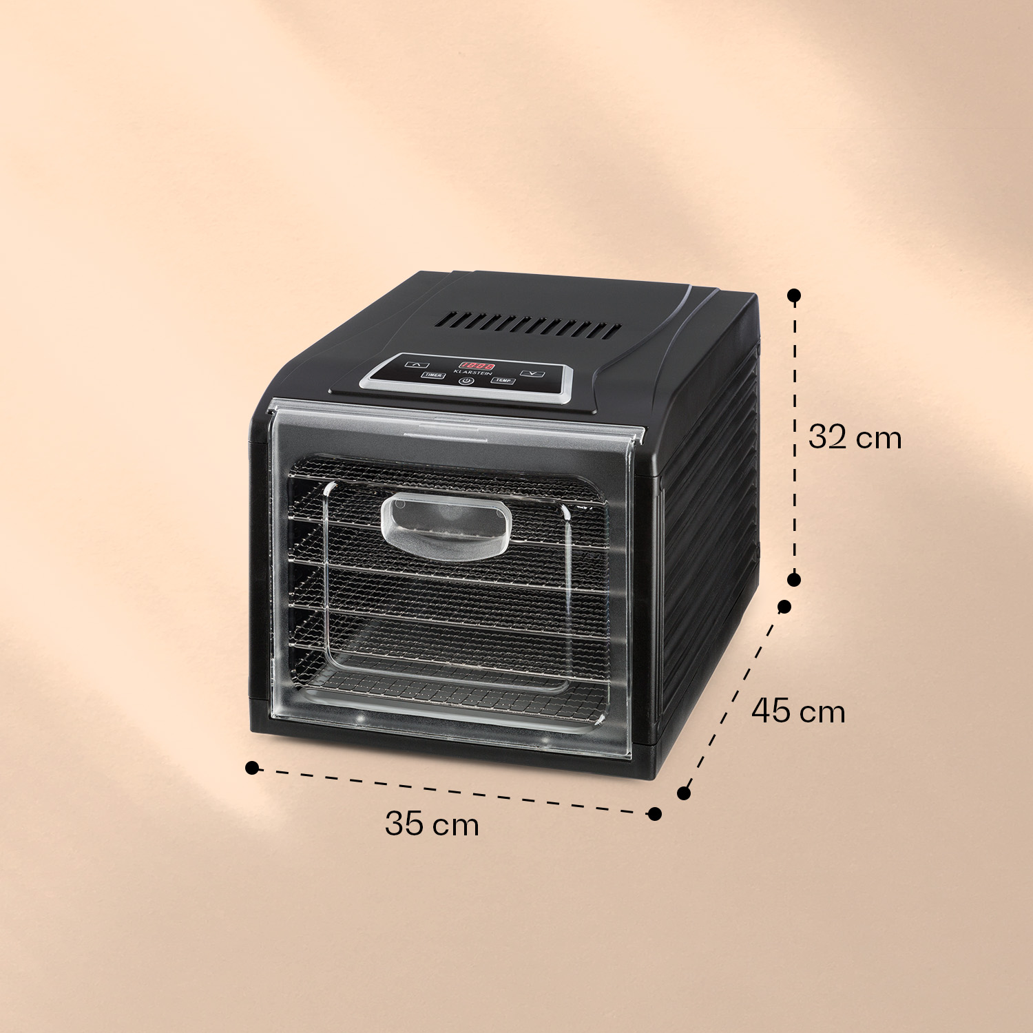 Deshidratador de alimentos negro con puerta transparente sobre fondo beige, dimensiones 35x45x32 cm.