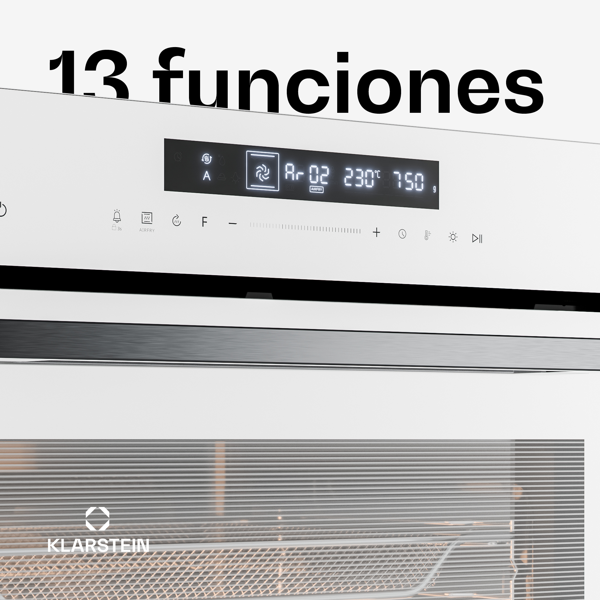 Weißer Klarstein Ofen mit digitalem Display und Text '13 funciones'.