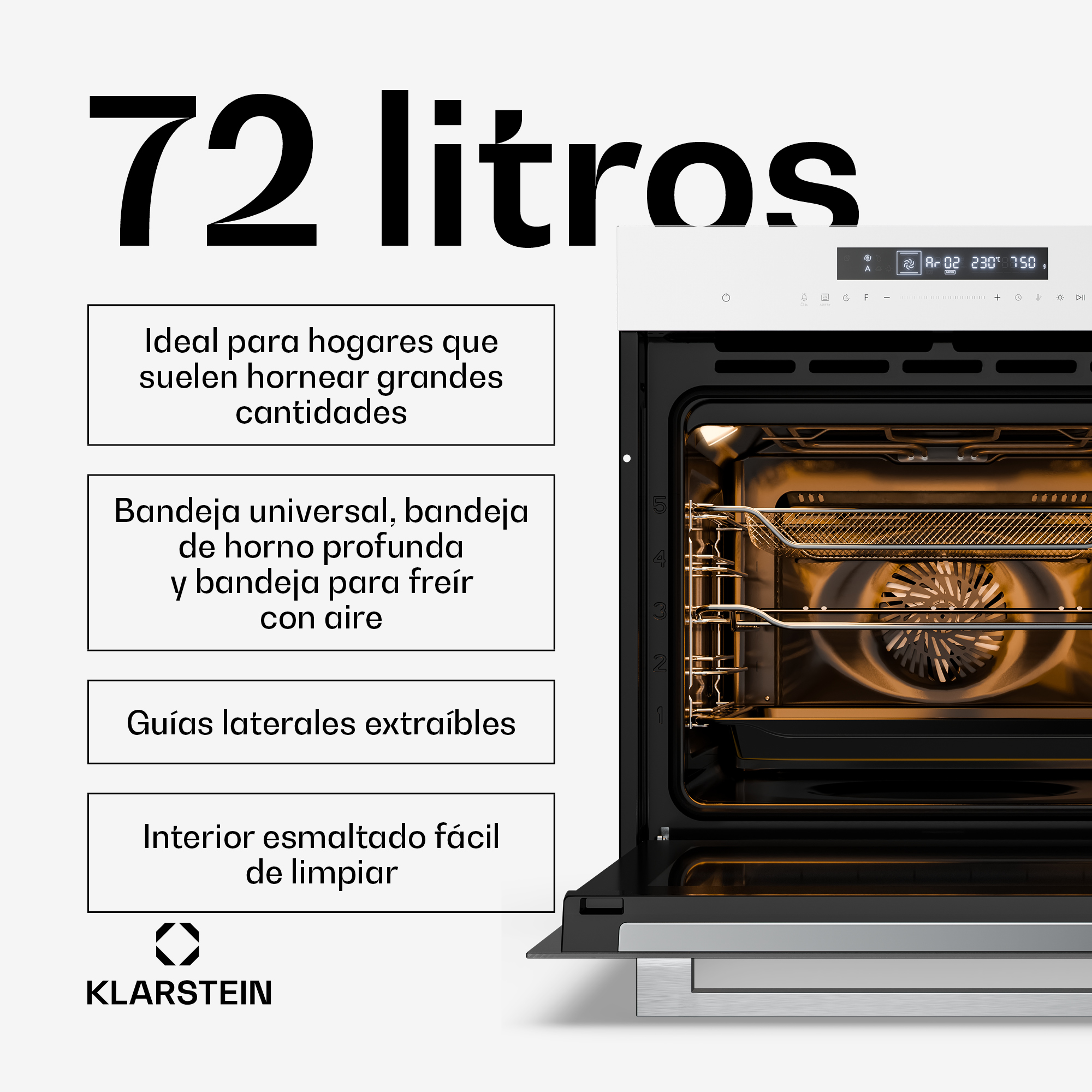Werbung für einen Klarstein Backofen mit 72 Litern Fassungsvermögen und verschiedenen Zubehörteilen.