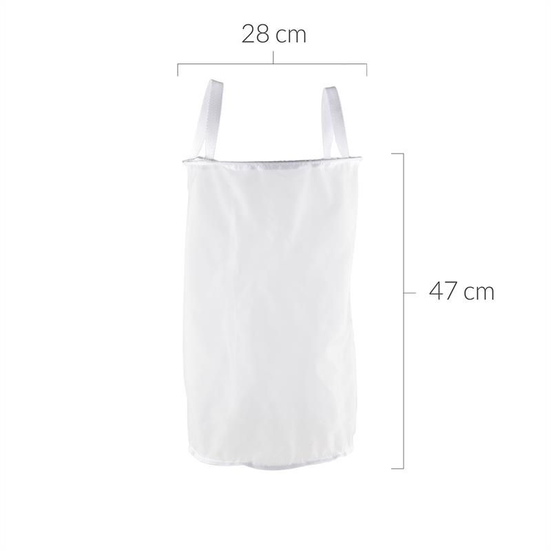Weißer Stoffbeutel mit Maßen: 28 cm Breite oben und 47 cm Höhe.