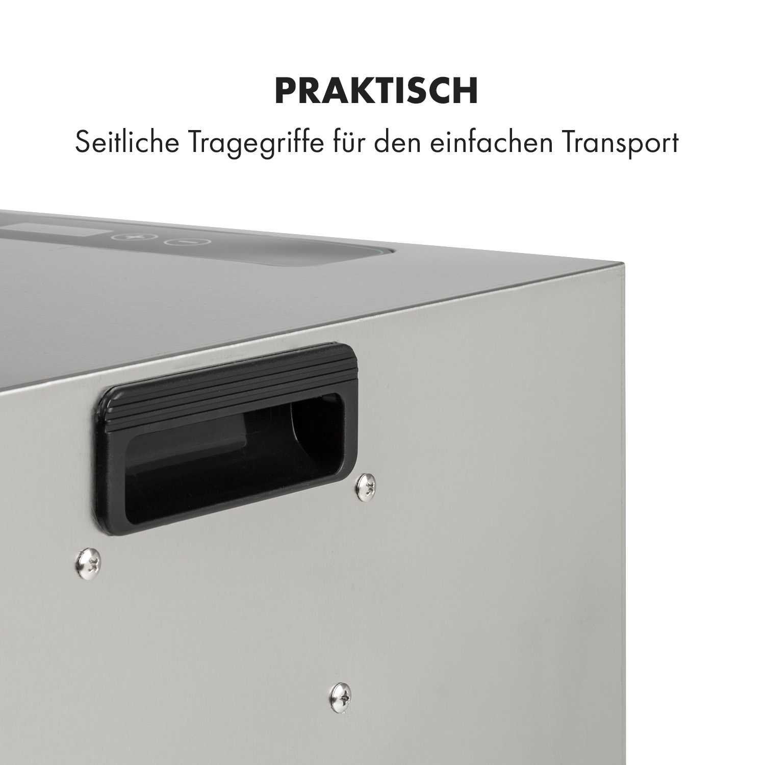 Seitenansicht eines Edelstahlgeräts mit einem schwarzen Plastiktragegriff und Schrauben auf weißem Hintergrund.