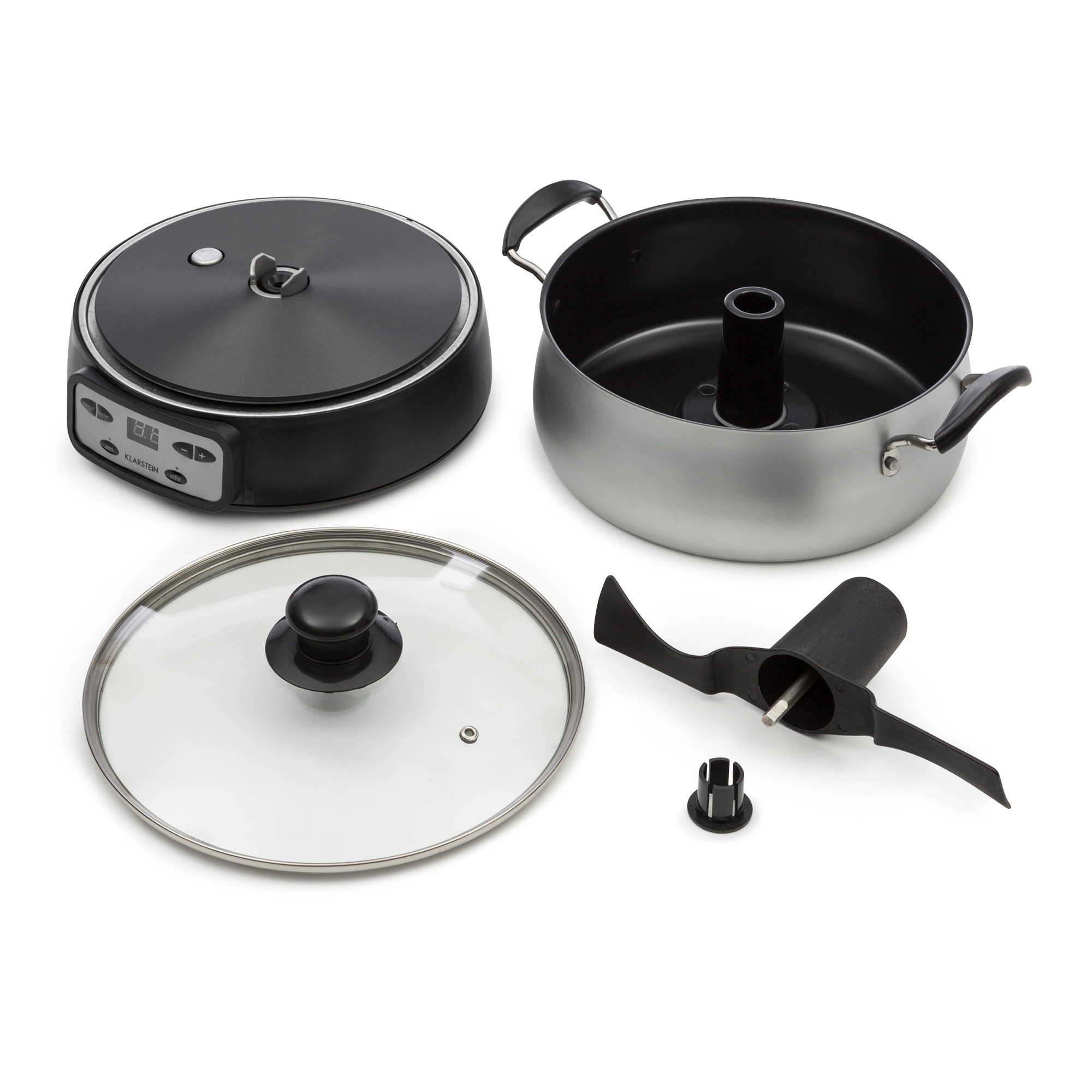 Un multicooker elettrico con pentola, coperchio in vetro, pala mescolatrice e accessorio su fondo bianco.