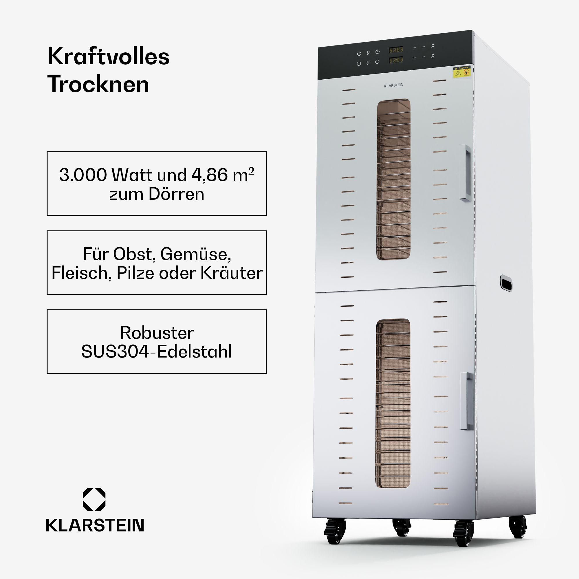 Großer Edelstahl-Lebensmitteltrockner mit zwei Glastüren, digitalen Bedienelementen und Rollen auf weißem Hintergrund.