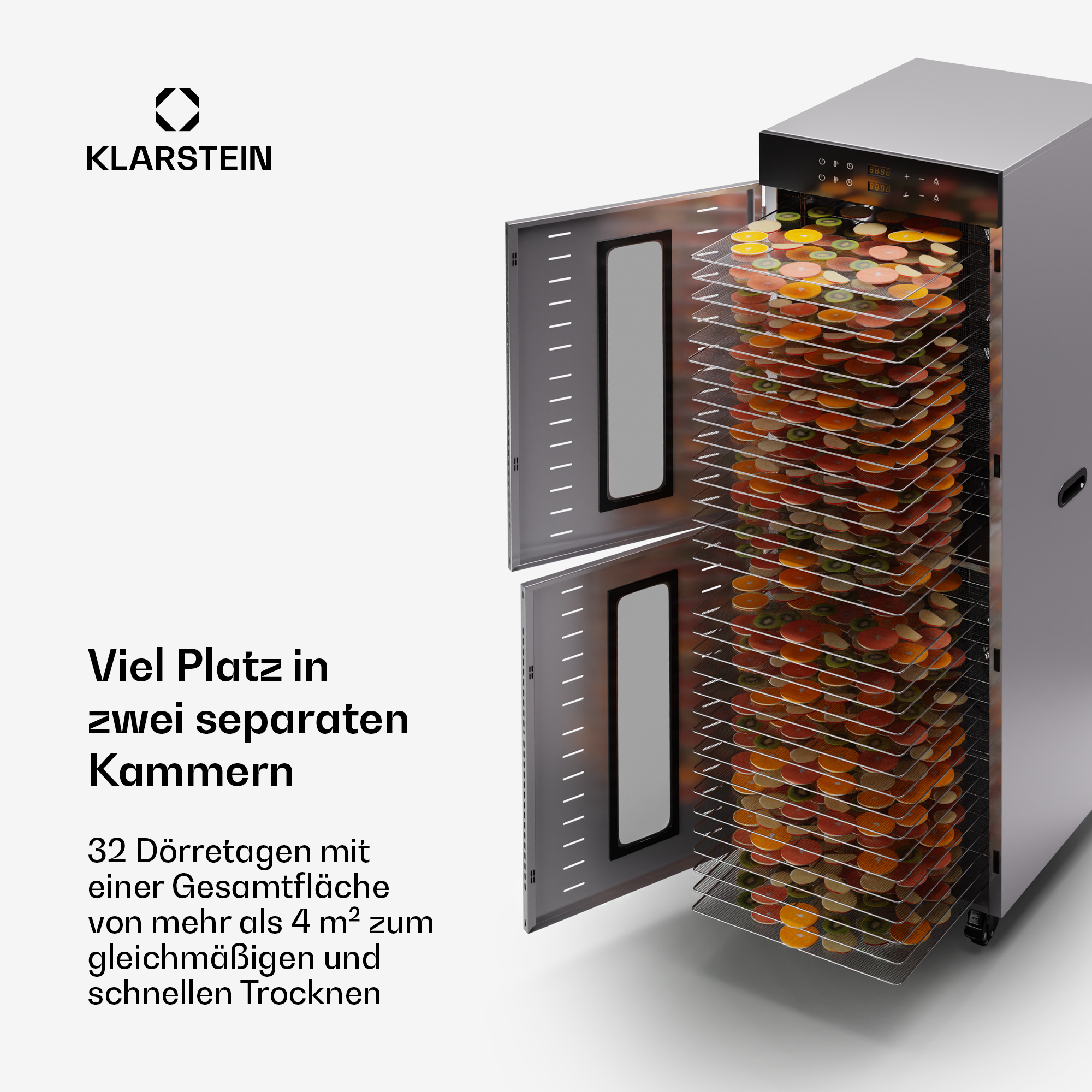 Klarstein Dörrgerät mit vielen gefüllten Gittern.