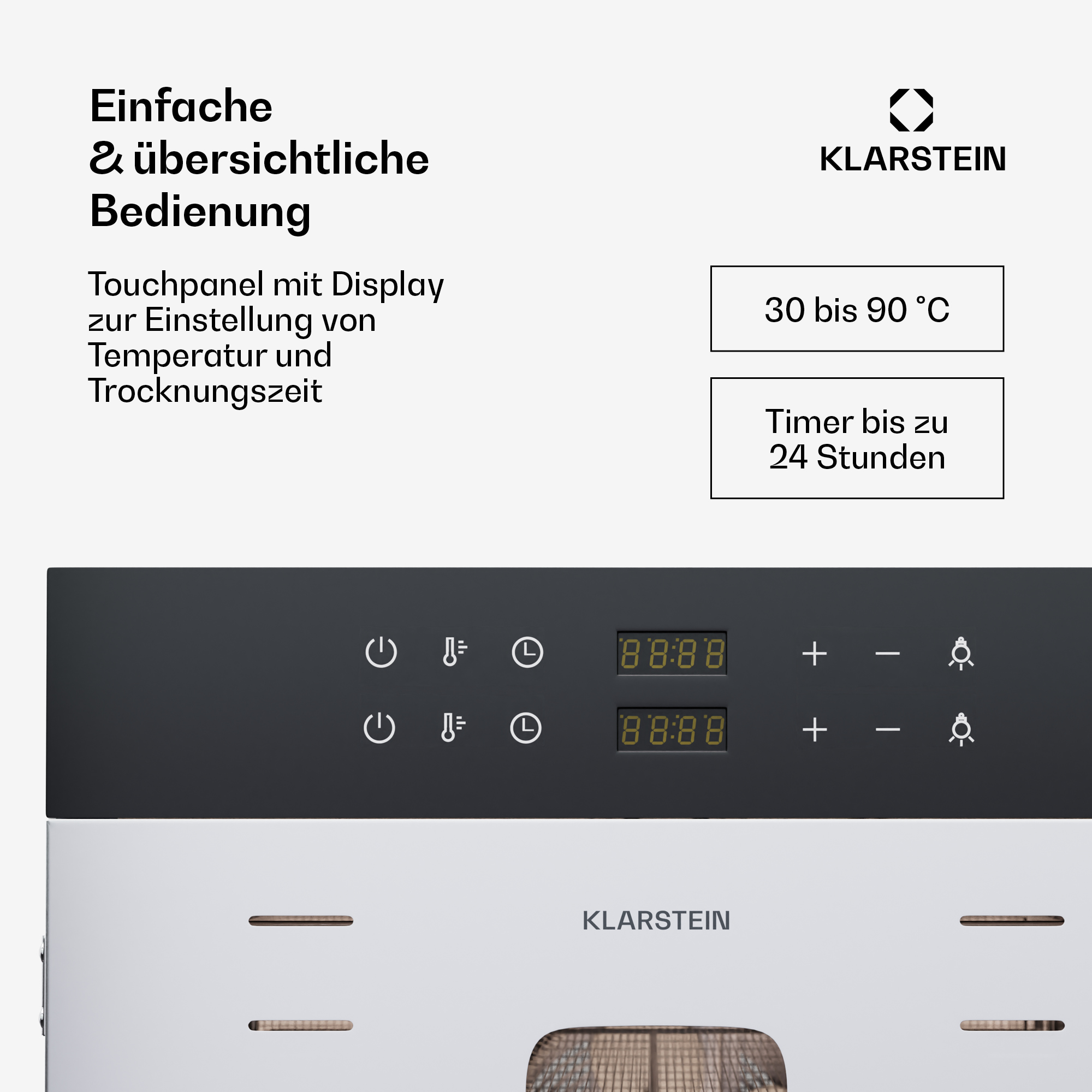 Klarstein Touchpanel mit Display, Temperaturregelung 30-90°C und Timer bis 24 Stunden.