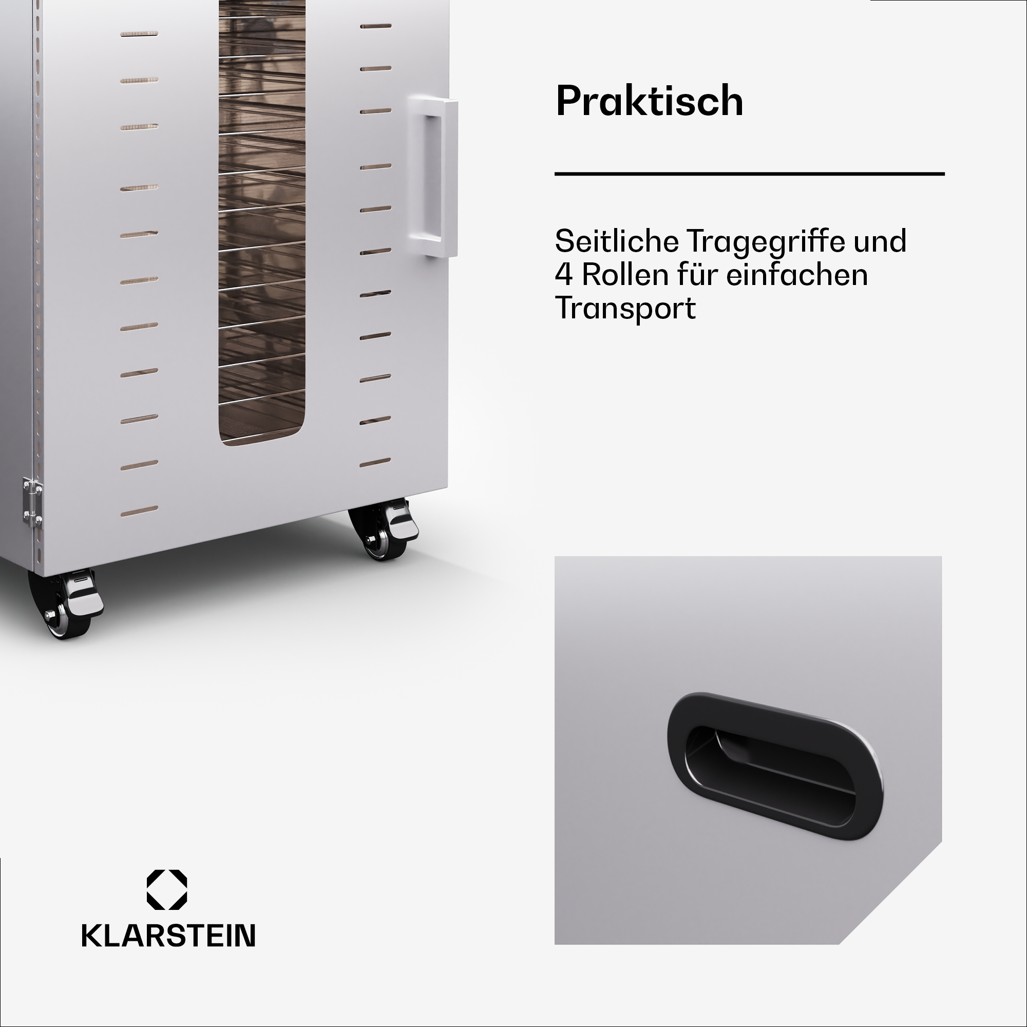 Praktischer Edelstahl-Wagen mit Rollen und Griffen auf weißem Hintergrund und Detailbild.