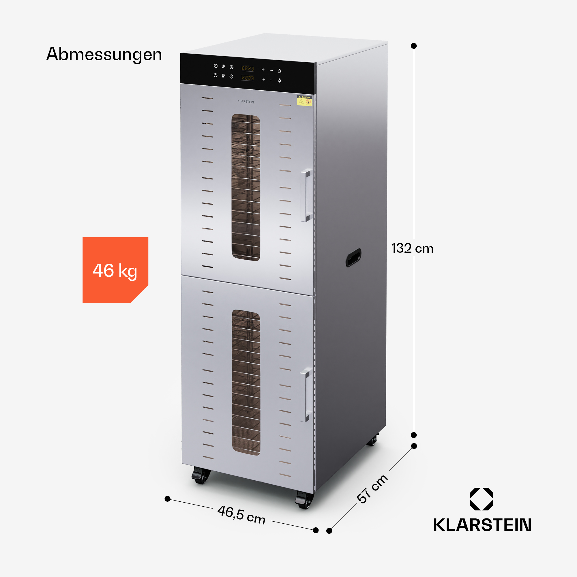 Edelstahl Klarstein Dörrautomat mit zwei Glastüren, Rollen und Maßangaben von 46,5x57x132 cm und 46 kg.
