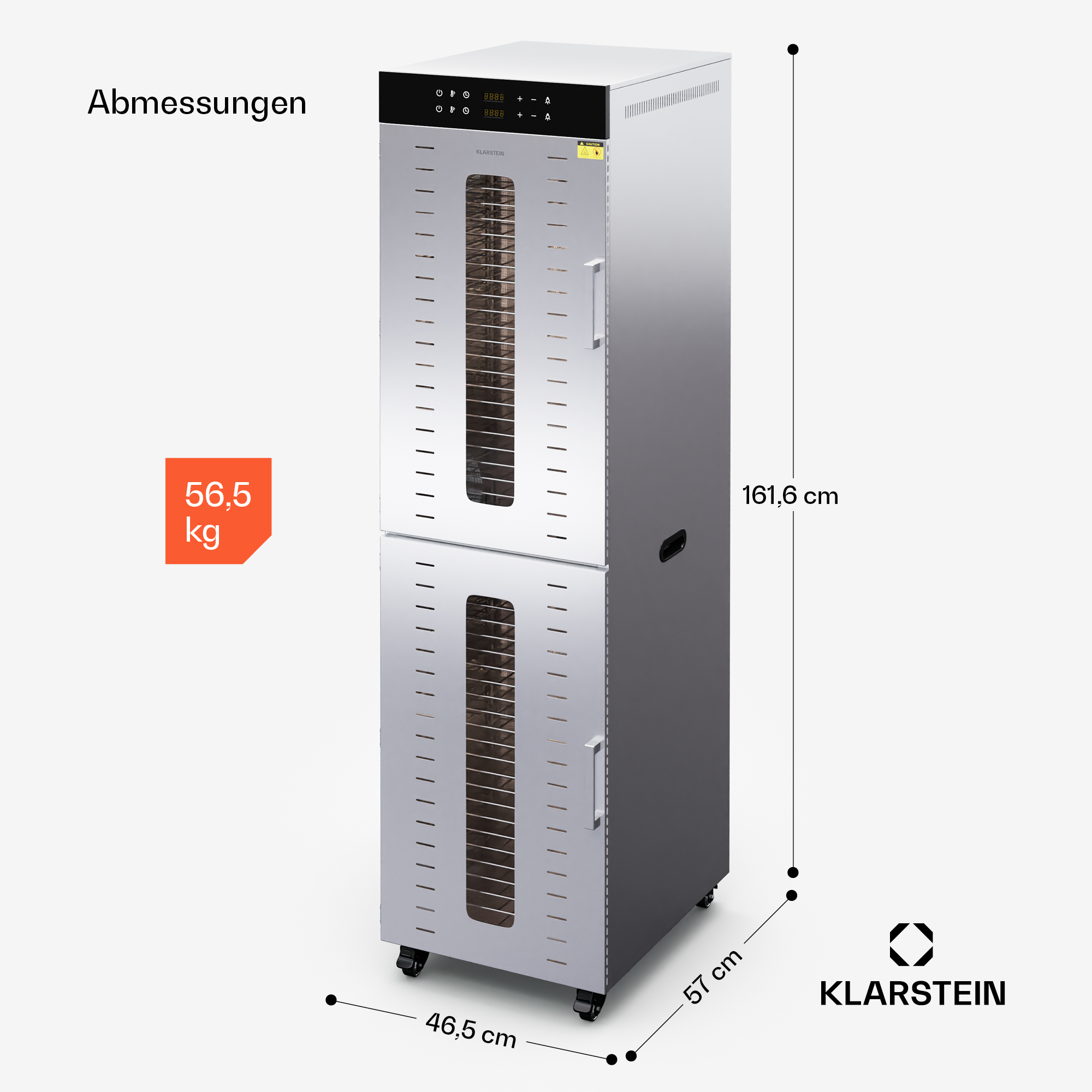 Essiccatore alimentare in acciaio inox con due ante, display digitale e dimensioni 46,5x57x161,6 cm, peso 56,5 kg.