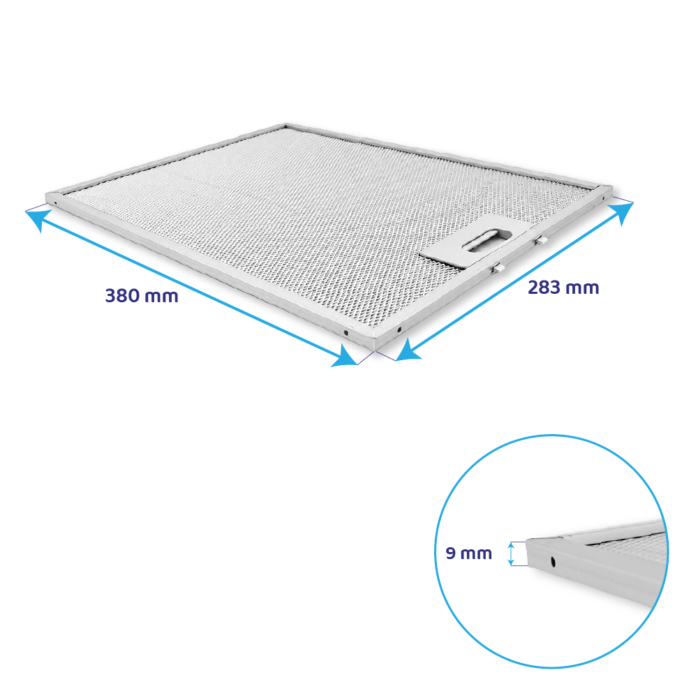 Silberner, rechteckiger Fettfilter aus Metall mit Maßen 380x283x9 mm, mit blauen Maßlinien.