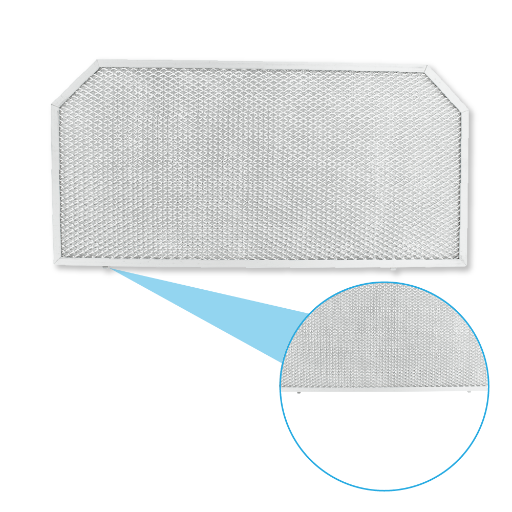 Silberner Dunstabzugshaubenfilter mit engem Metallnetz, eine Vergrößerung zeigt das feine Muster.