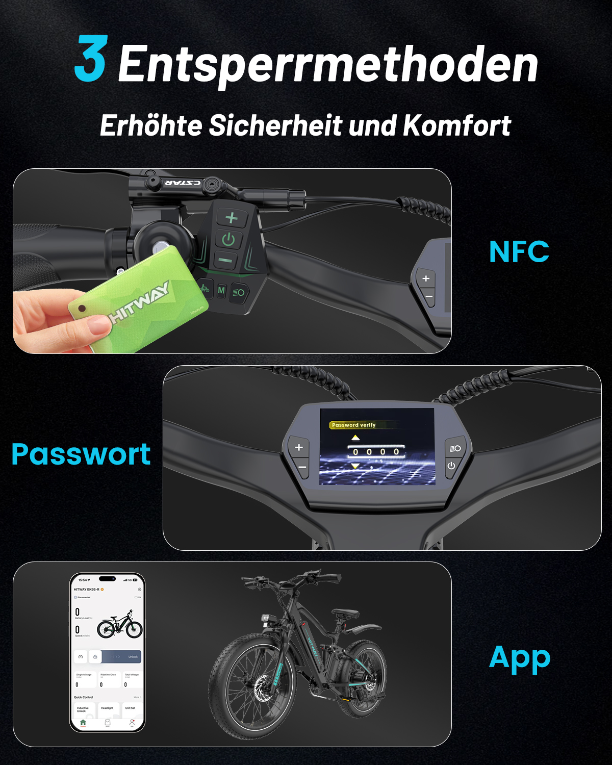 E-Bike mit drei Entsperrmethoden: NFC-Karte, Passwort auf Display und Smartphone-App.