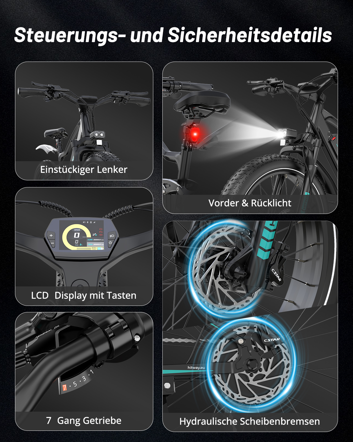 E-Bike Steuerungs- und Sicherheitsdetails mit Lenker, Lichtern, LCD-Display, Schaltung und hydraulischen Scheibenbremsen.
