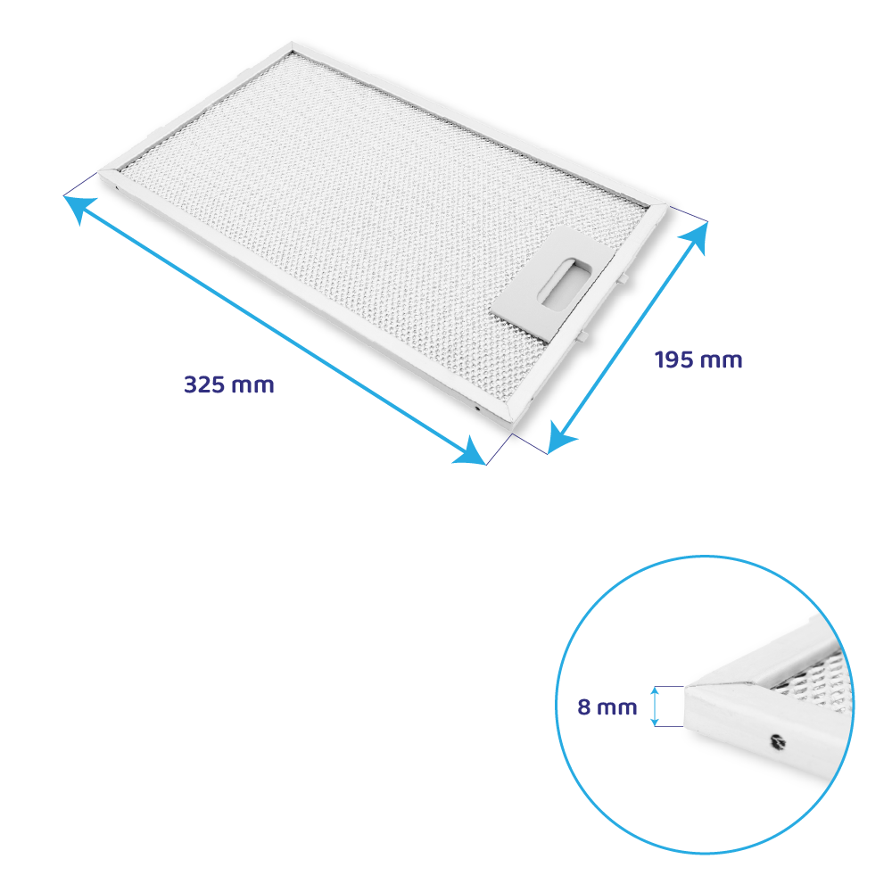 Rechteckiger Dunstabzugshaubenfilter, 325x195x8 mm, mit weißem Rahmen und integriertem Griff.