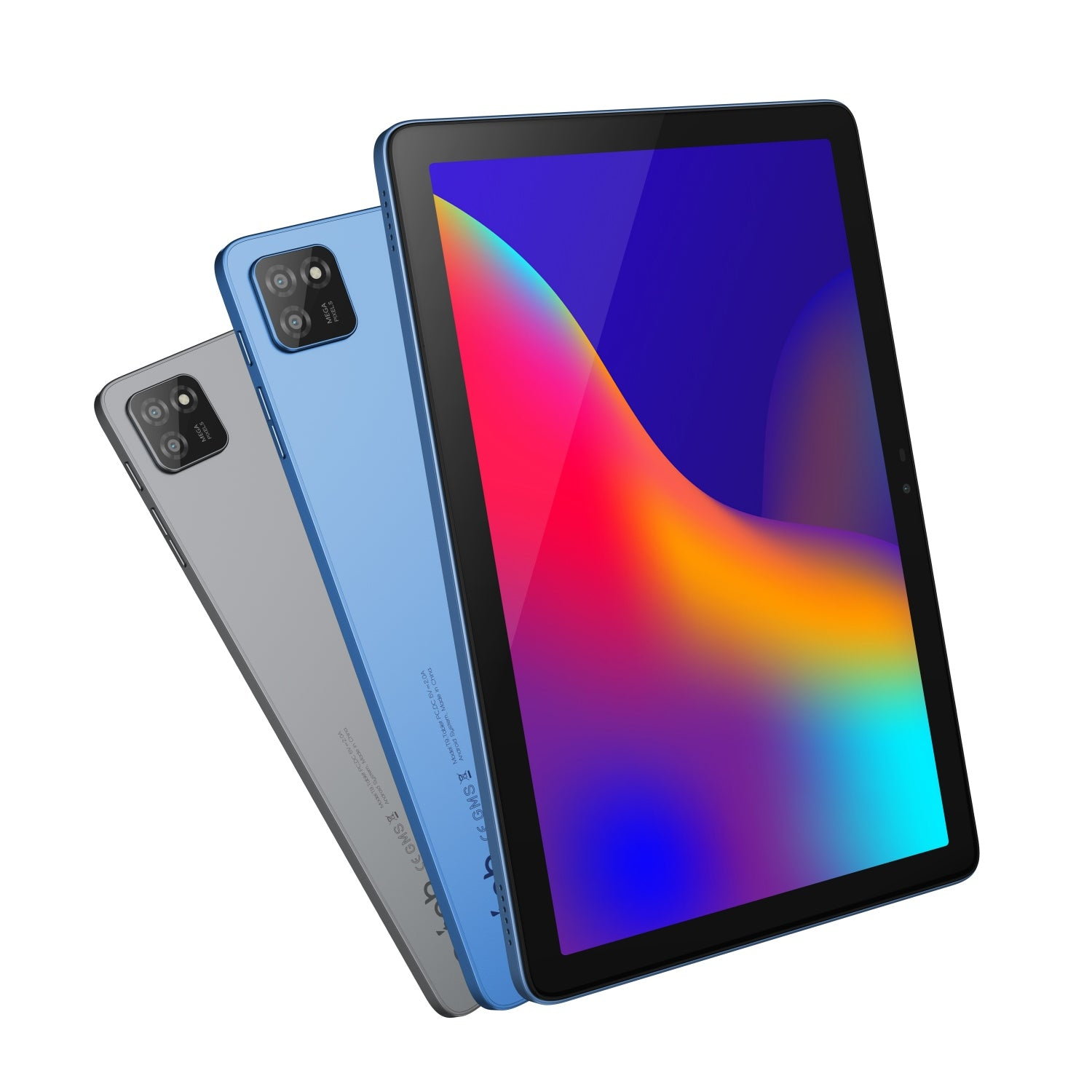 Drei Tablets in Grau, Blau und Schwarz mit farbigem Hintergrundbild.