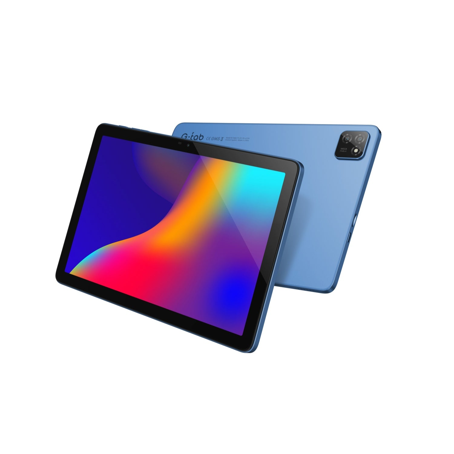 Zwei blaue G-tab Tablets sind zu sehen, eines mit einem bunten abstrakten Bildschirm und das andere mit der Rückkamera.