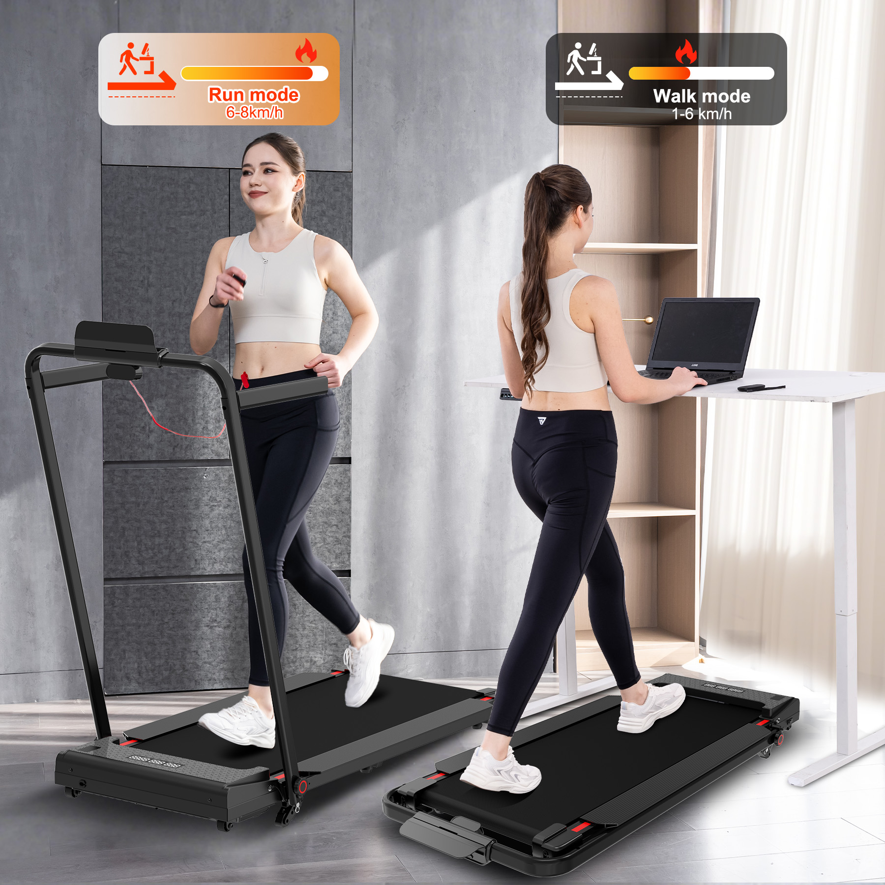 A woman uses a treadmill: left in run mode, right in walk mode at a standing desk with a laptop.