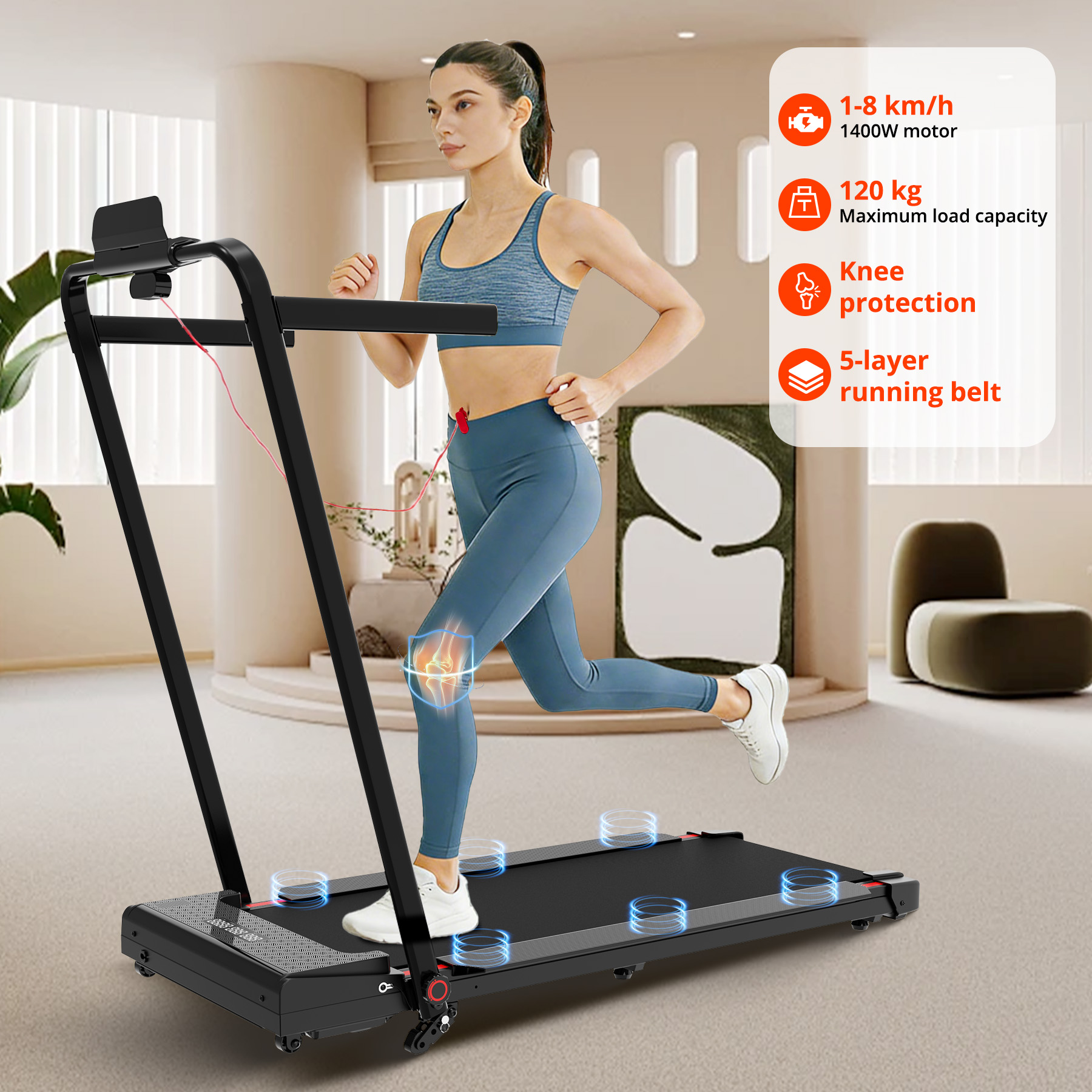 A woman runs on a black treadmill in a living room. Feature callout text boxes are displayed.