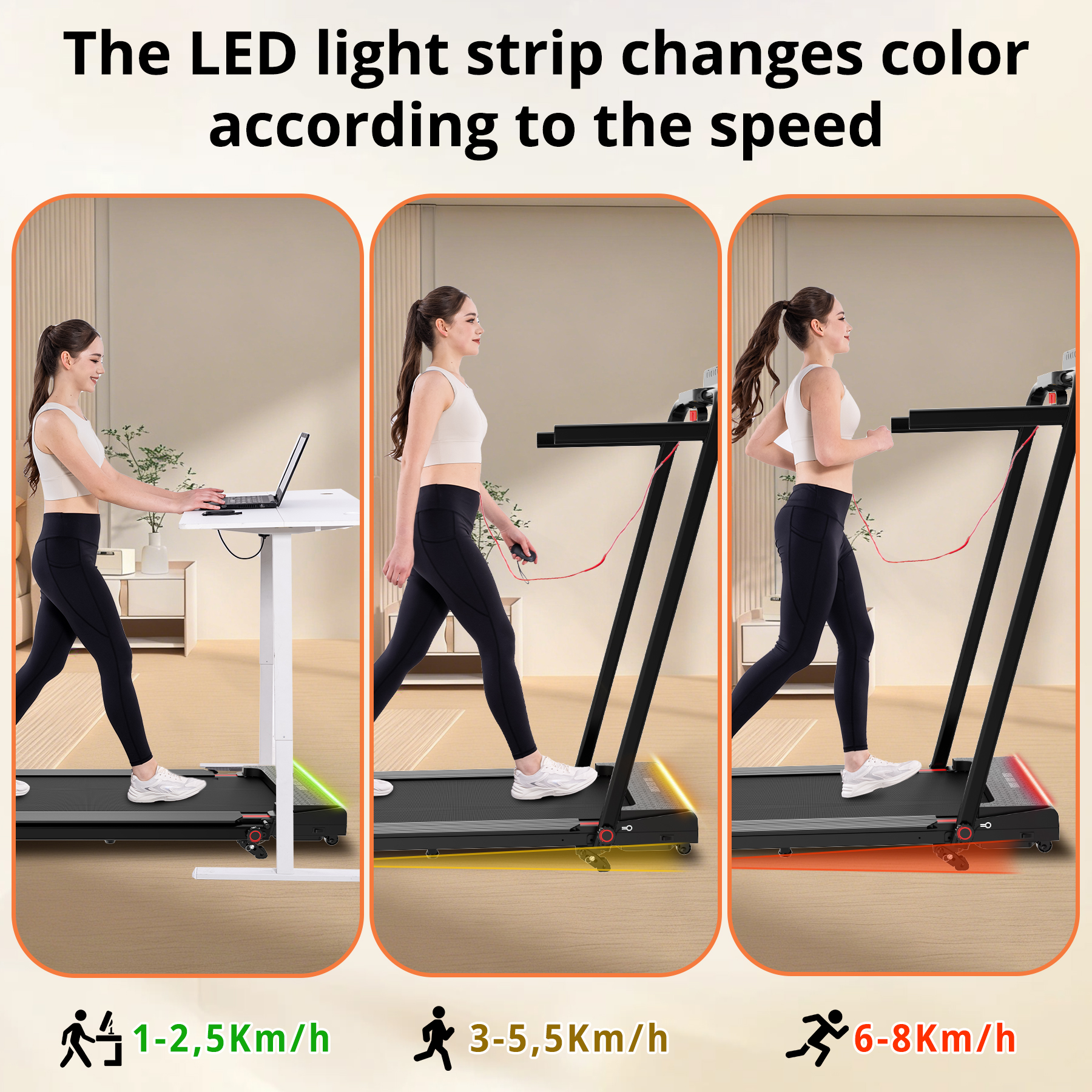 A woman walks on a treadmill; the LED strip changes color according to the speed.