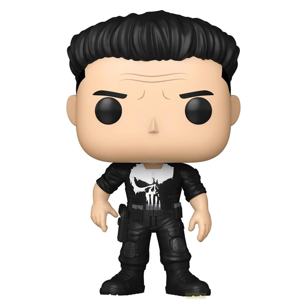 Figura de vinilo de The Punisher con pelo negro, traje táctico negro con un logo de calavera blanca.