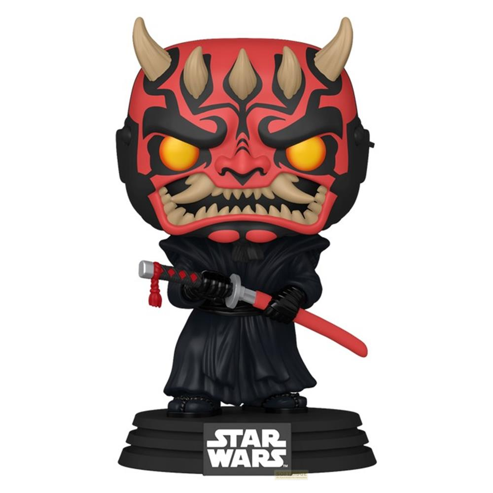 Figura Funko Pop de Star Wars de Darth Maul con tatuajes faciales rojos y negros, ojos amarillos, cuernos y katana.