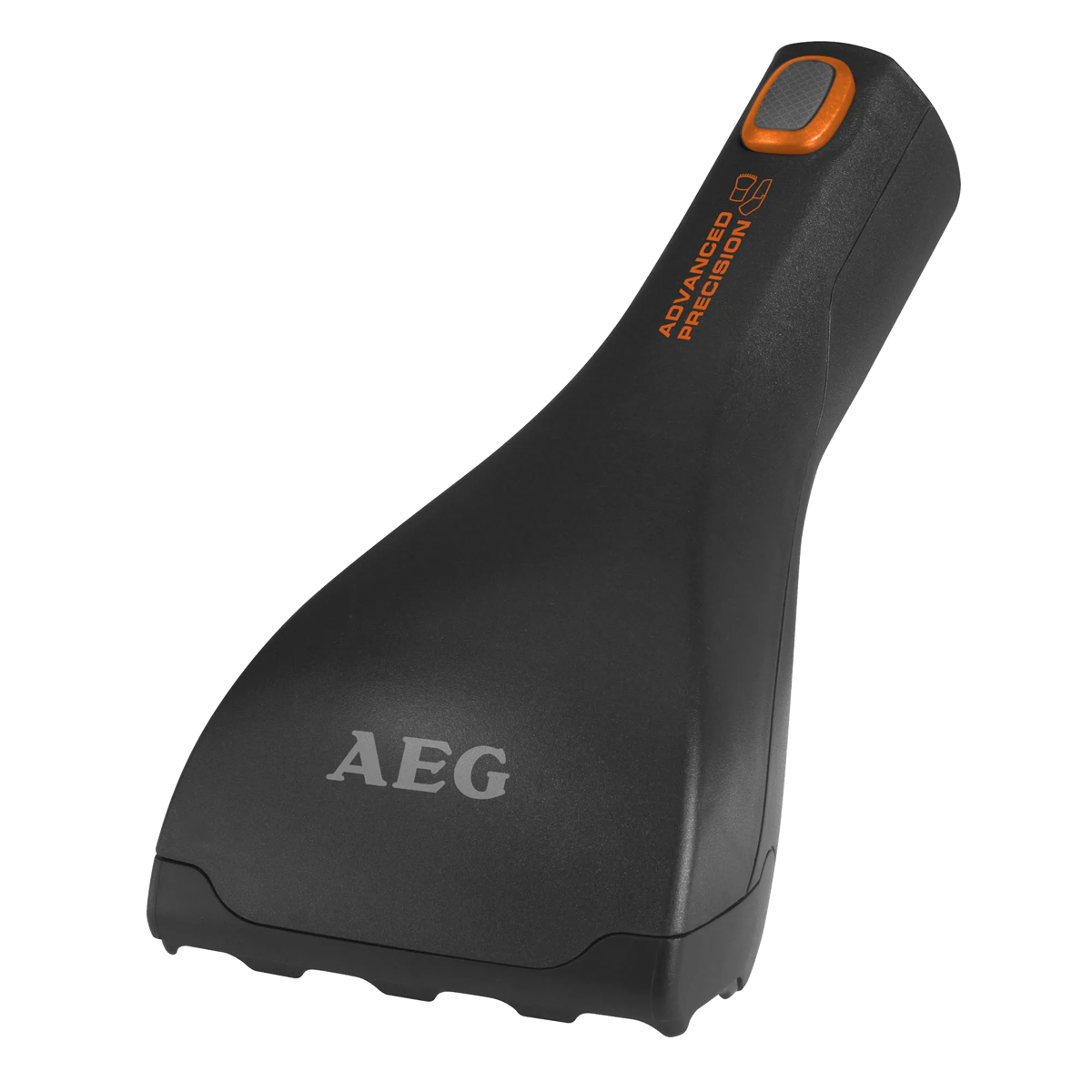 Afeitadora de ropa AEG negra con botón de encendido naranja sobre fondo negro.