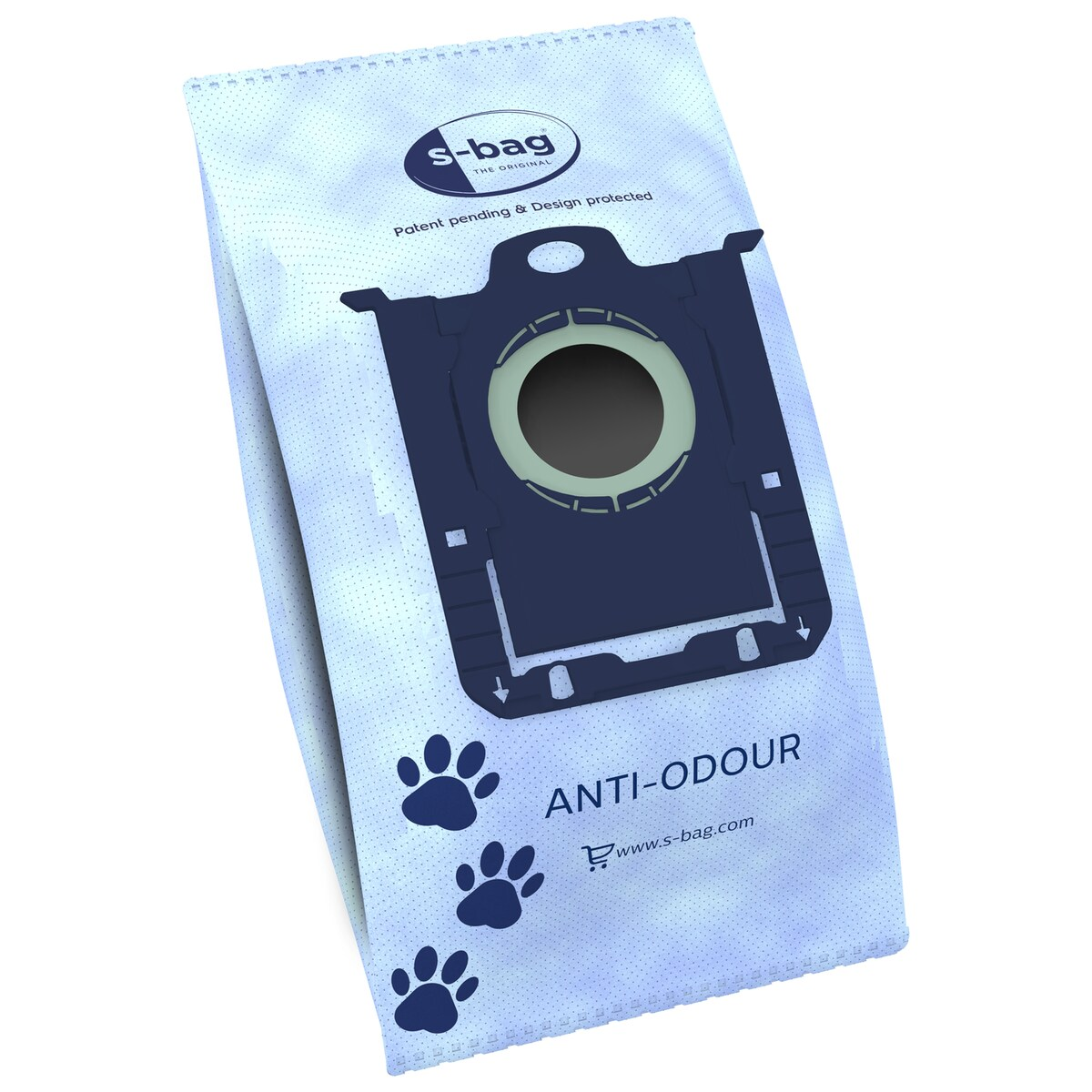 Una bolsa de aspiradora antiolor azul con logotipo s-bag y huellas.