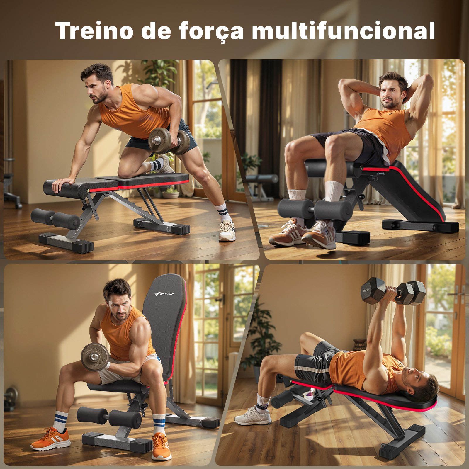 Ein Mann trainiert mit Hanteln und einer verstellbaren Fitnessbank im Raum.