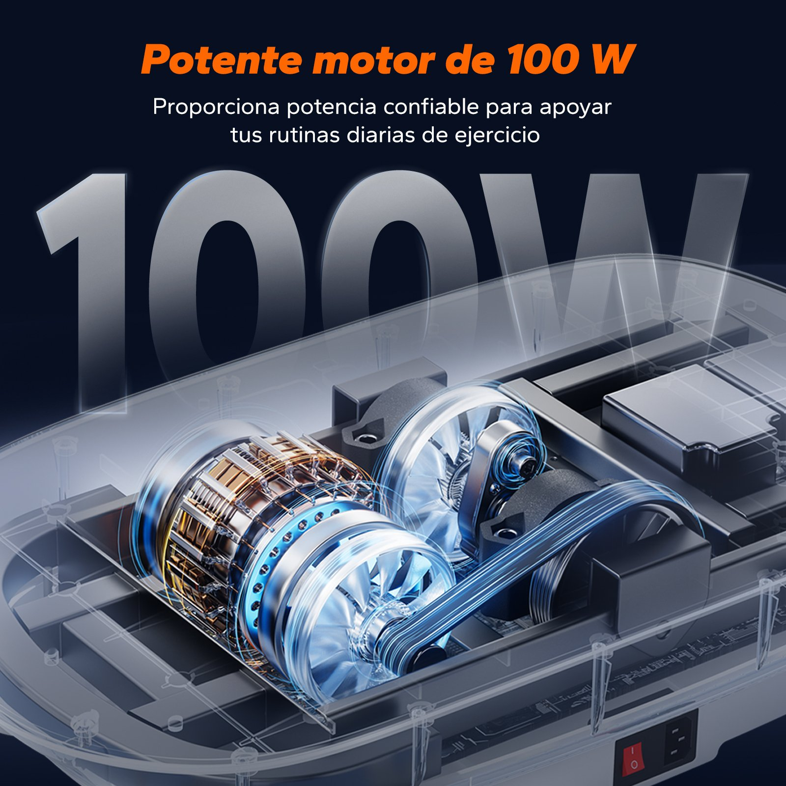 Röntgenansicht eines 100W-Trainingsgerätemotors mit Kupferspulen und blau leuchtenden Teilen.