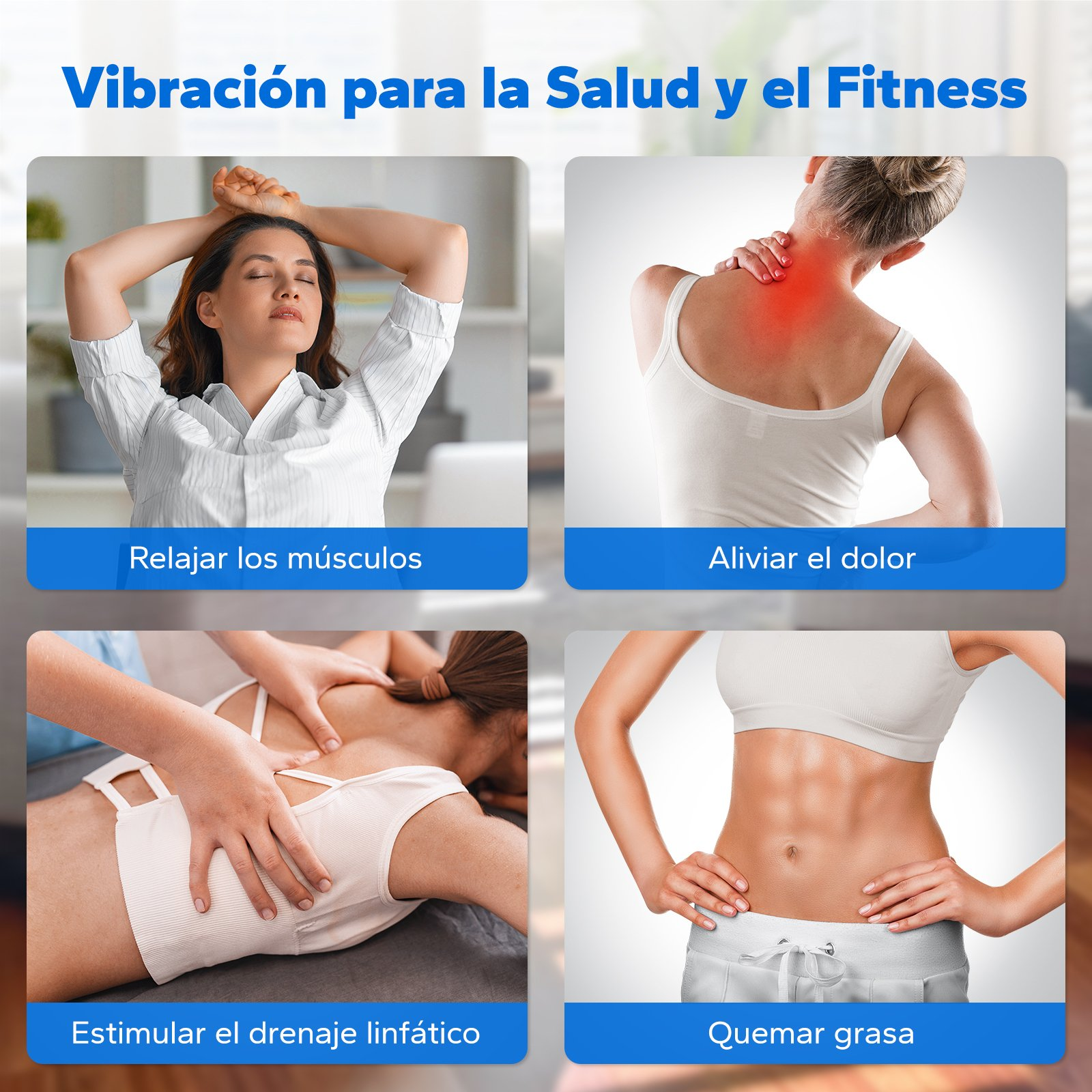 Vier Bilder zeigen Gesundheits- und Fitnessvorteile: Muskelentspannung, Schmerzlinderung, Lymphdrainage und Fettverbrennung.