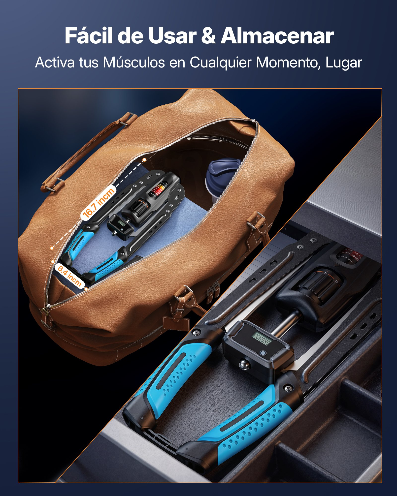Kompaktes schwarz-blaues Fitnessgerät in einer braunen Lederreisetasche und einer Schublade.