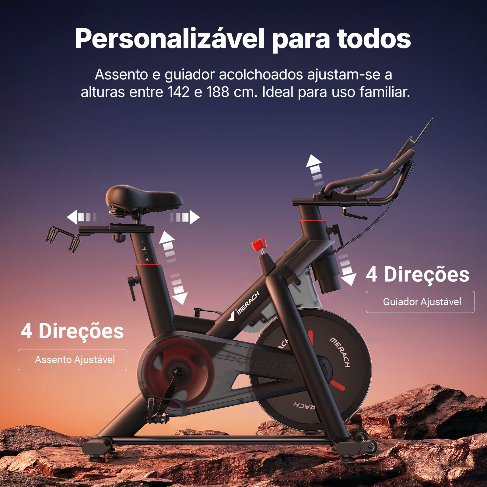 Schwarzes Heimtrainer-Fahrrad mit verstellbarem Sattel und Lenker auf felsigem Untergrund vor Sonnenuntergang.
