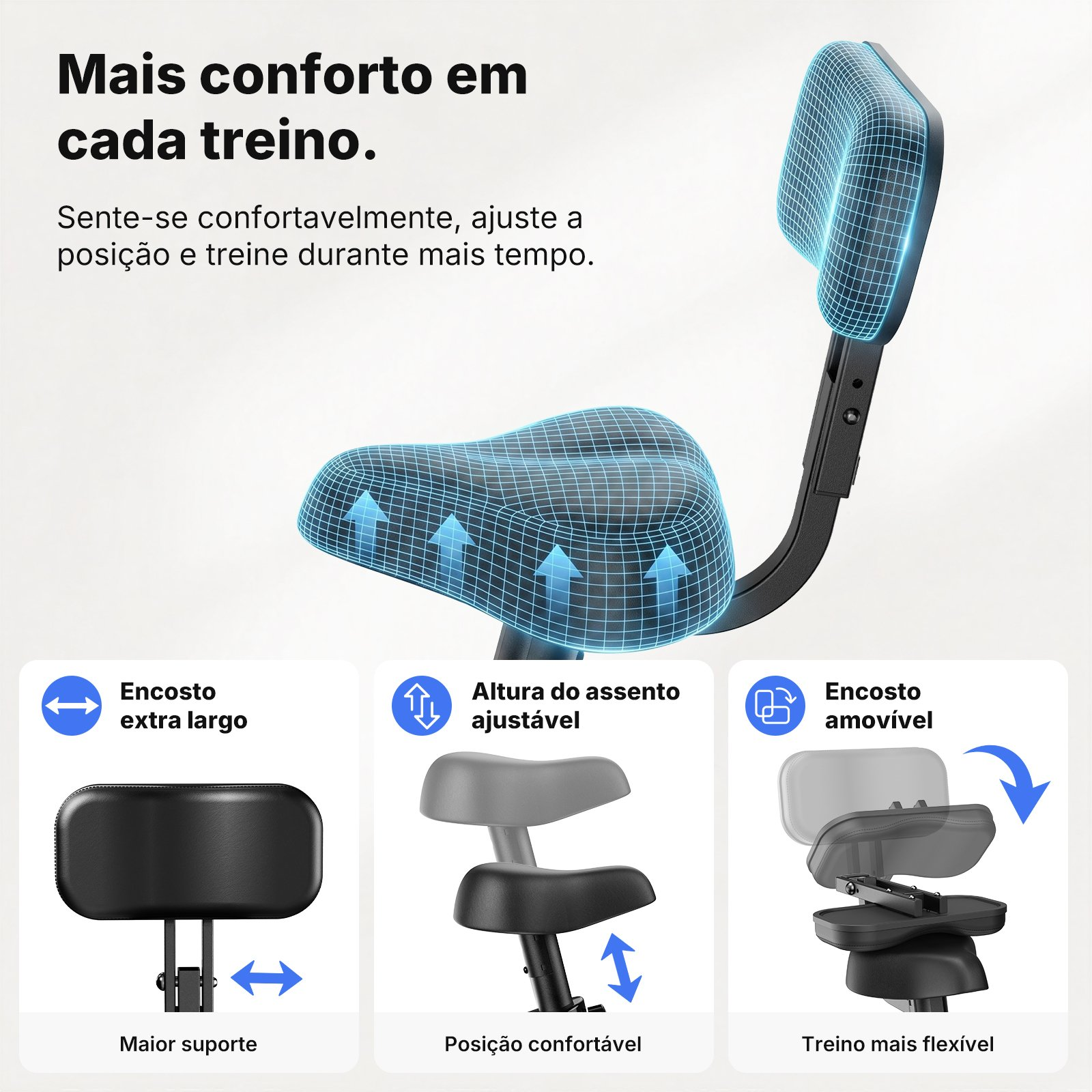 Asiento de bicicleta estática con respaldo ajustable y altura para entrenamientos cómodos.