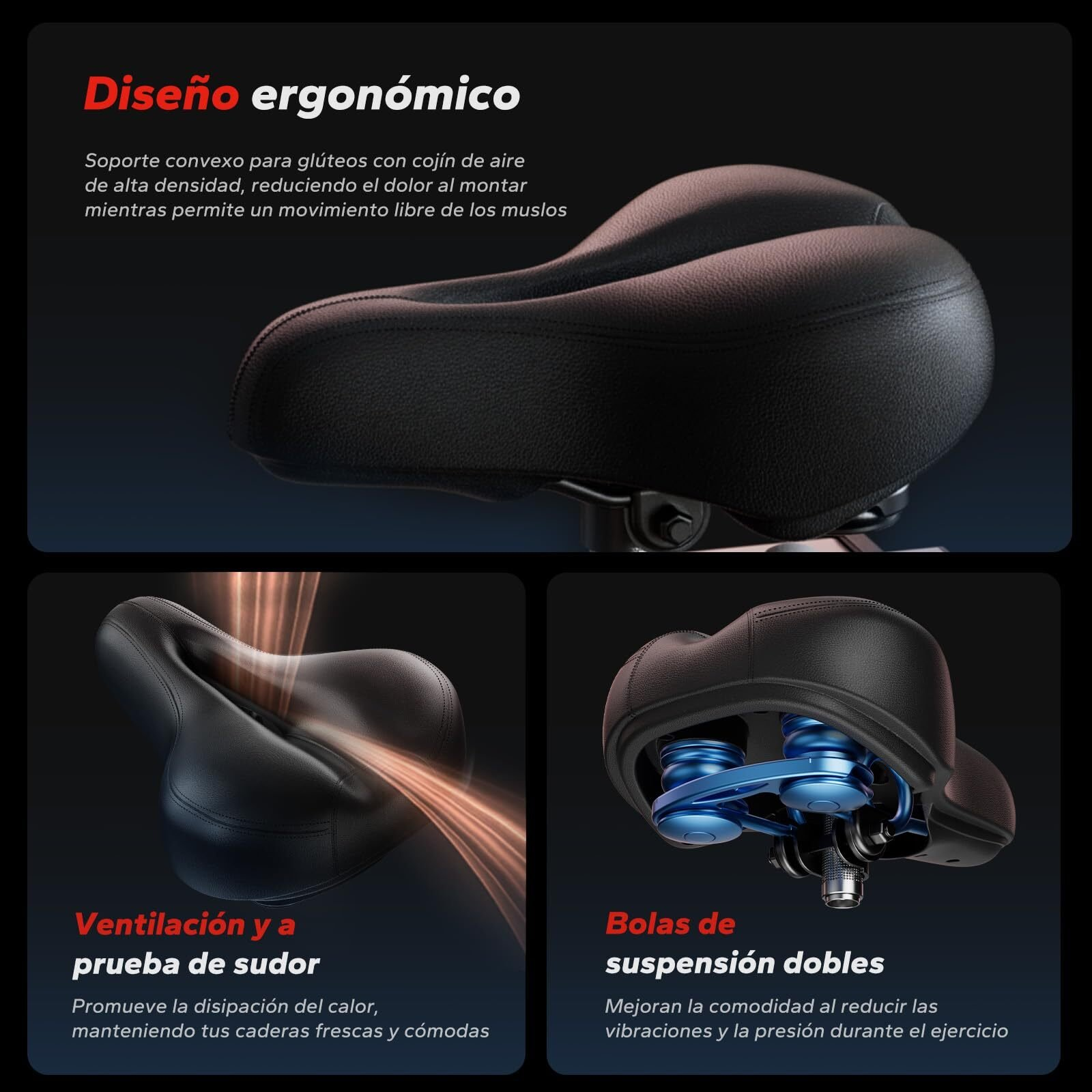 Ergonomischer, schwarzer Fahrradsattel mit Belüftung und Doppel-Federung auf dunklem Hintergrund mit spanischem Text.