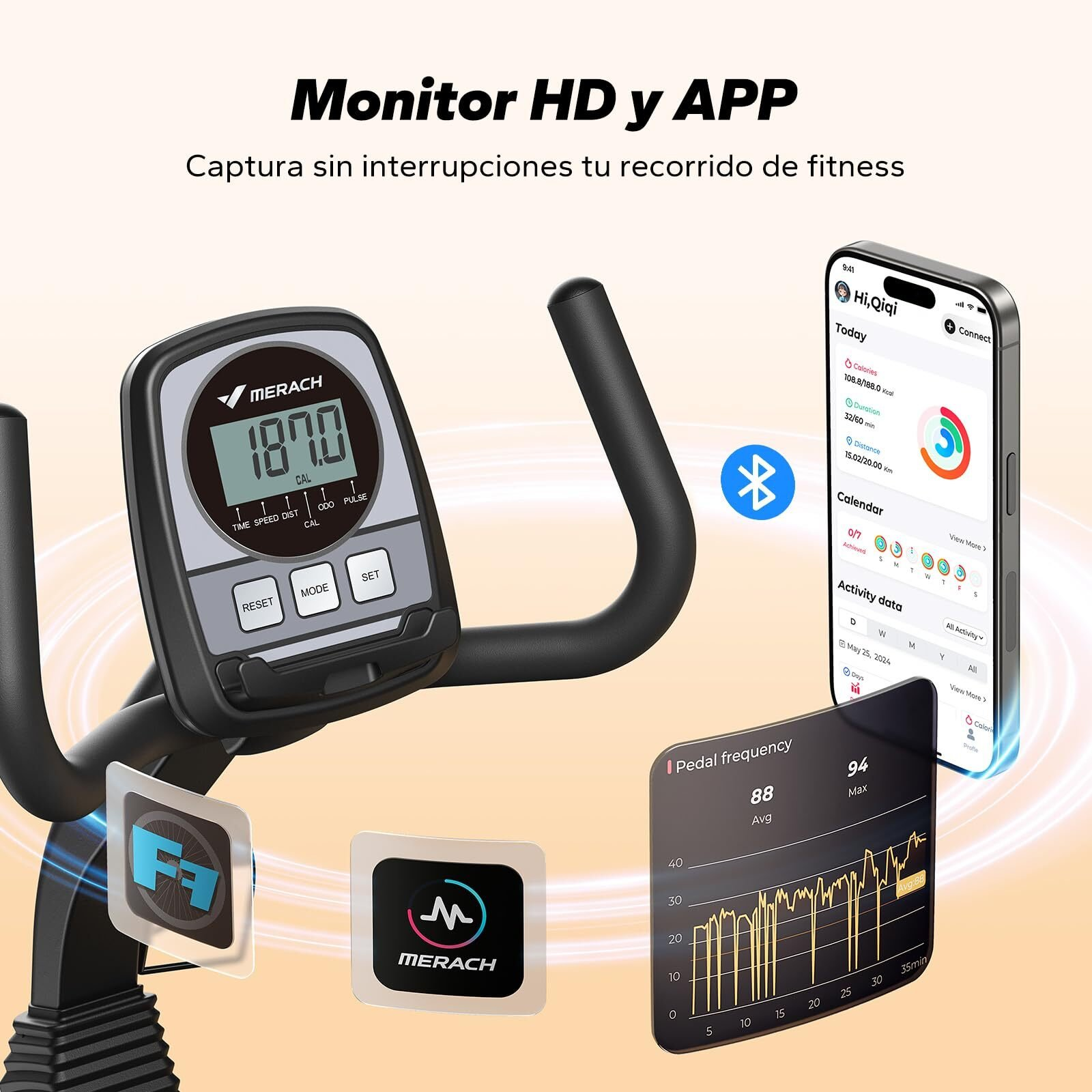 Fitnessbike-Display und Smartphone-App mit Bluetooth-Verbindung und Trainingsdaten.
