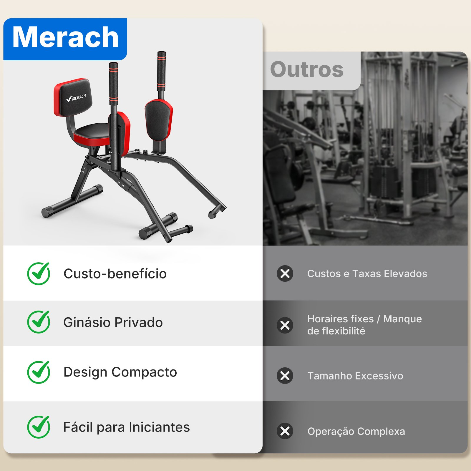 Vergleichstabelle von Merach Fitnessgeräten mit grünen Häkchen und Fitnessstudio-Hintergrund mit Kreuzen.